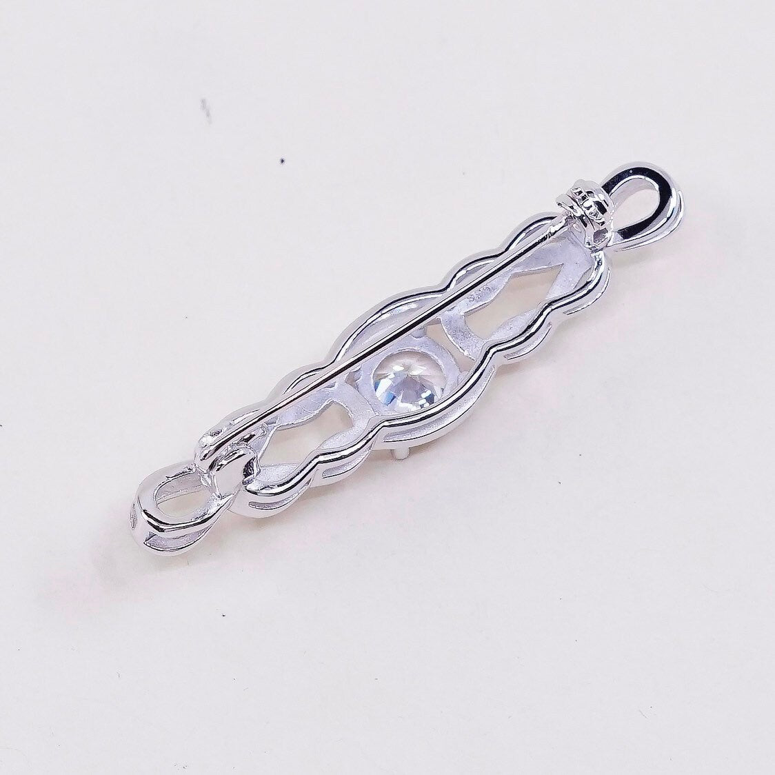 Vintage sterling silver handmade brooch, solid 925 silver entwined knot pin with Cz detail, simple, modern, stamped 925