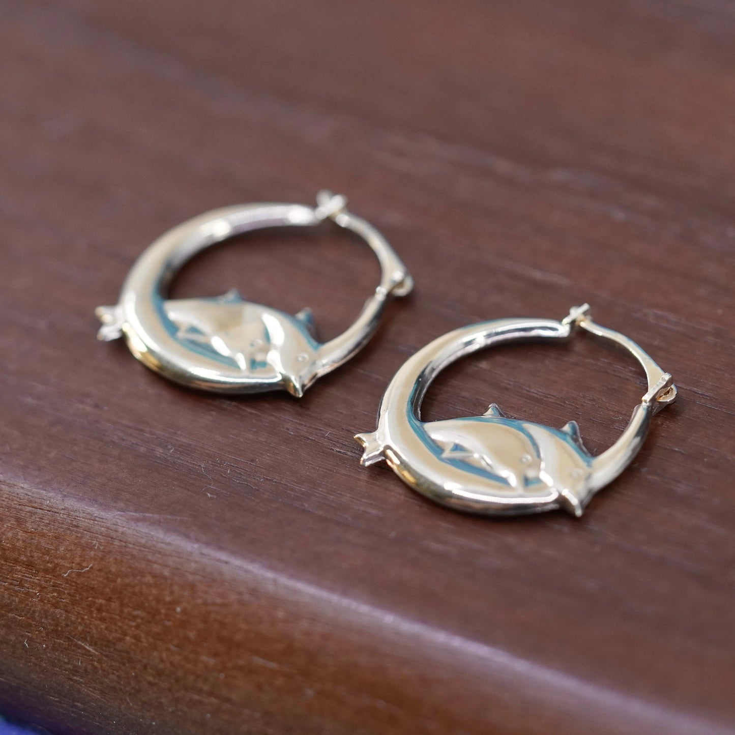 vintage 14K yellow gold with 925 sterling silver earrings, couple dolphin hoops