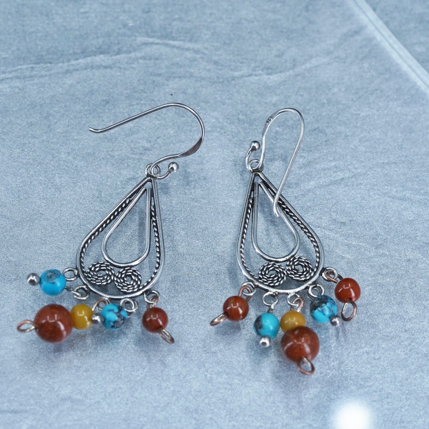 Vintage Sterling 925 silver filigree teardrop earrings with turquoise jasper
