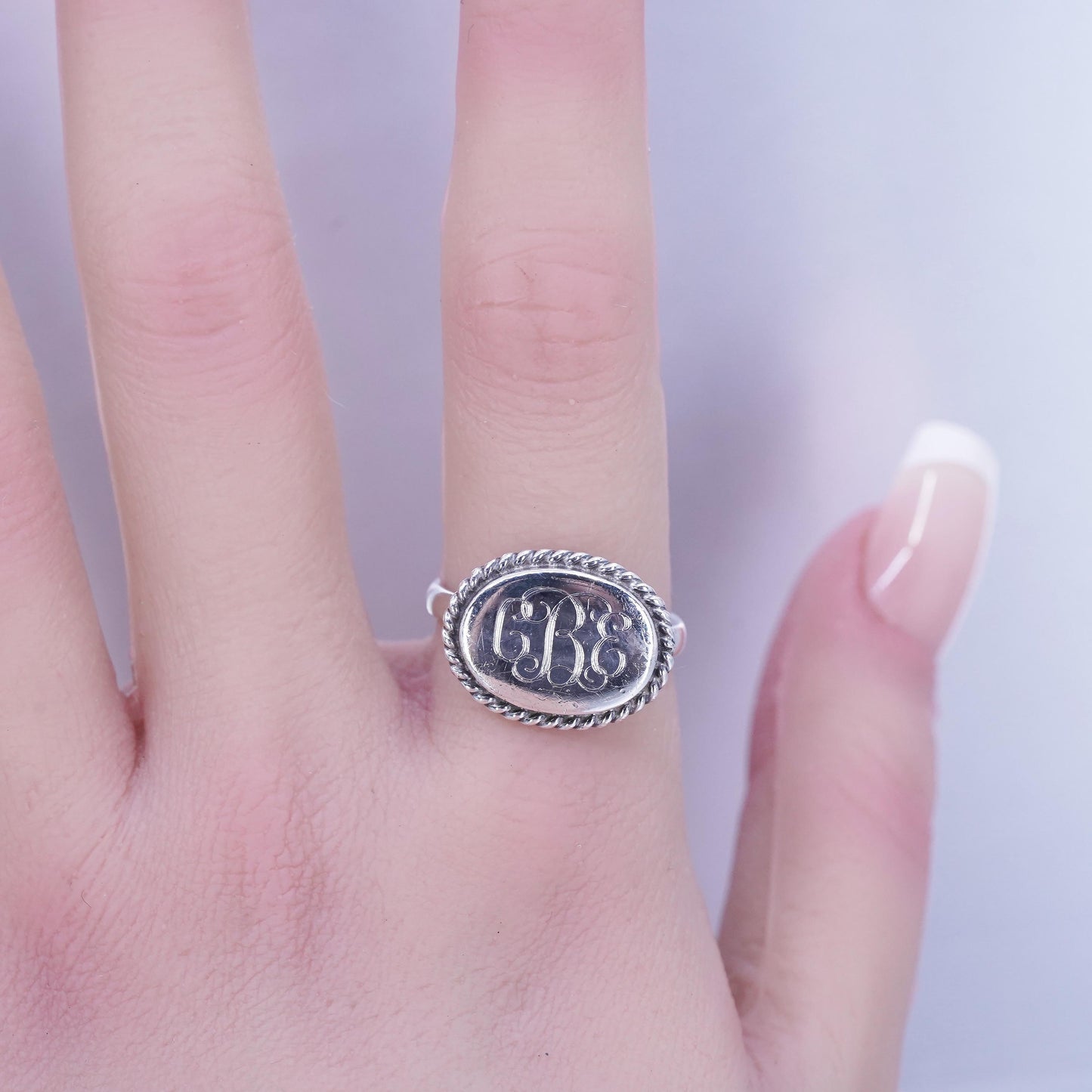Size 7, Sterling 925 silver handmade heart ring, monogram initial “CEB” band