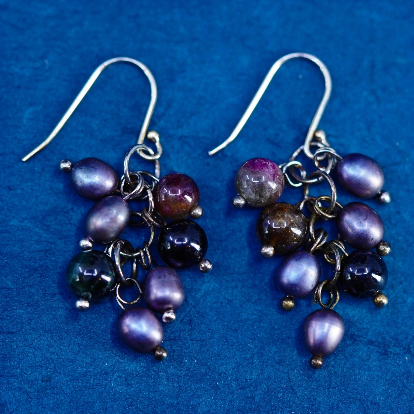 Native American Sterling silver earrings with cluster black pearls and jasper