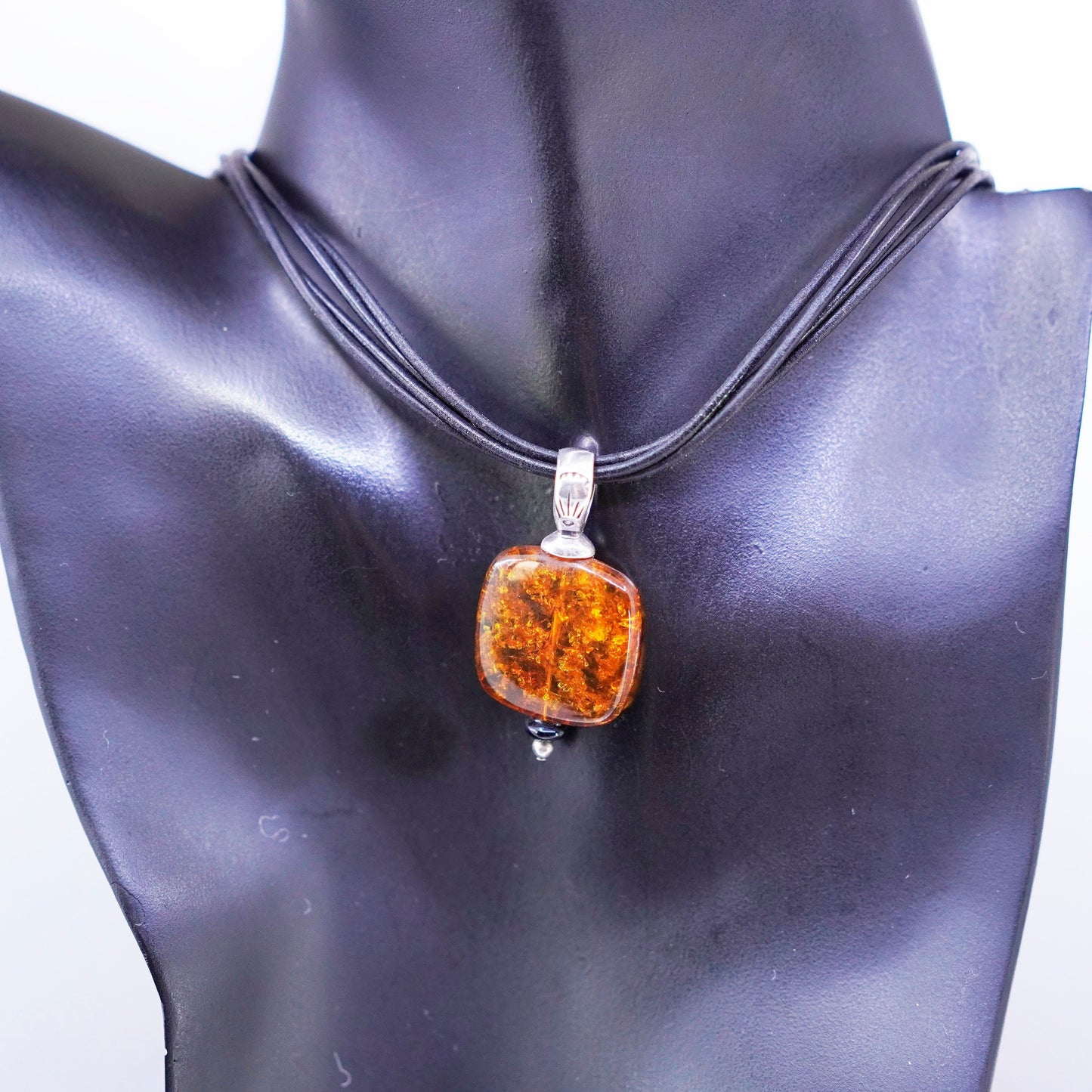 16+3”, Silpada 925 Sterling Silver Amber Pendant Leather Necklace N1285 amber