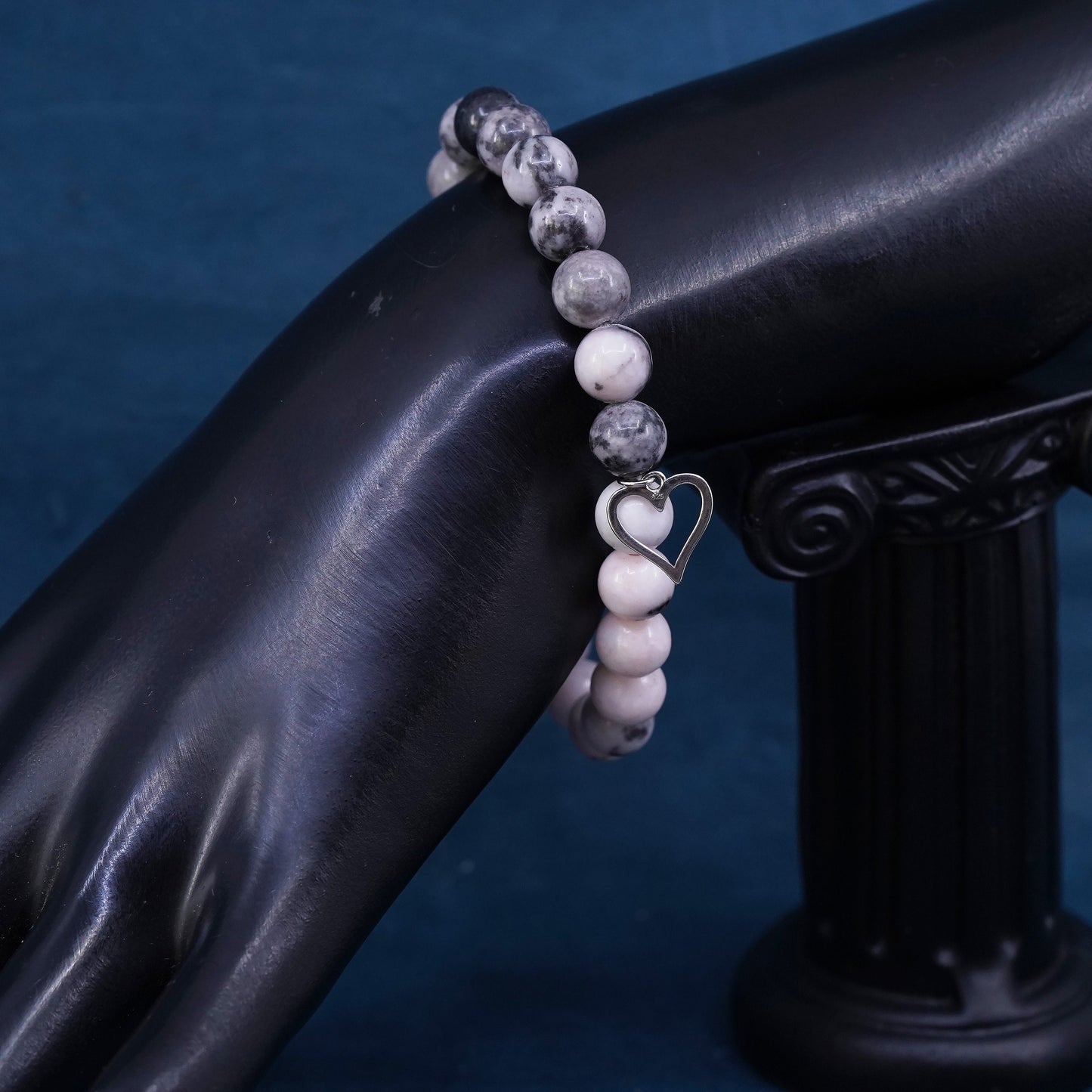 6.75”, handmade pink quartz beads Bracelet with sterling 925 silver heart charm