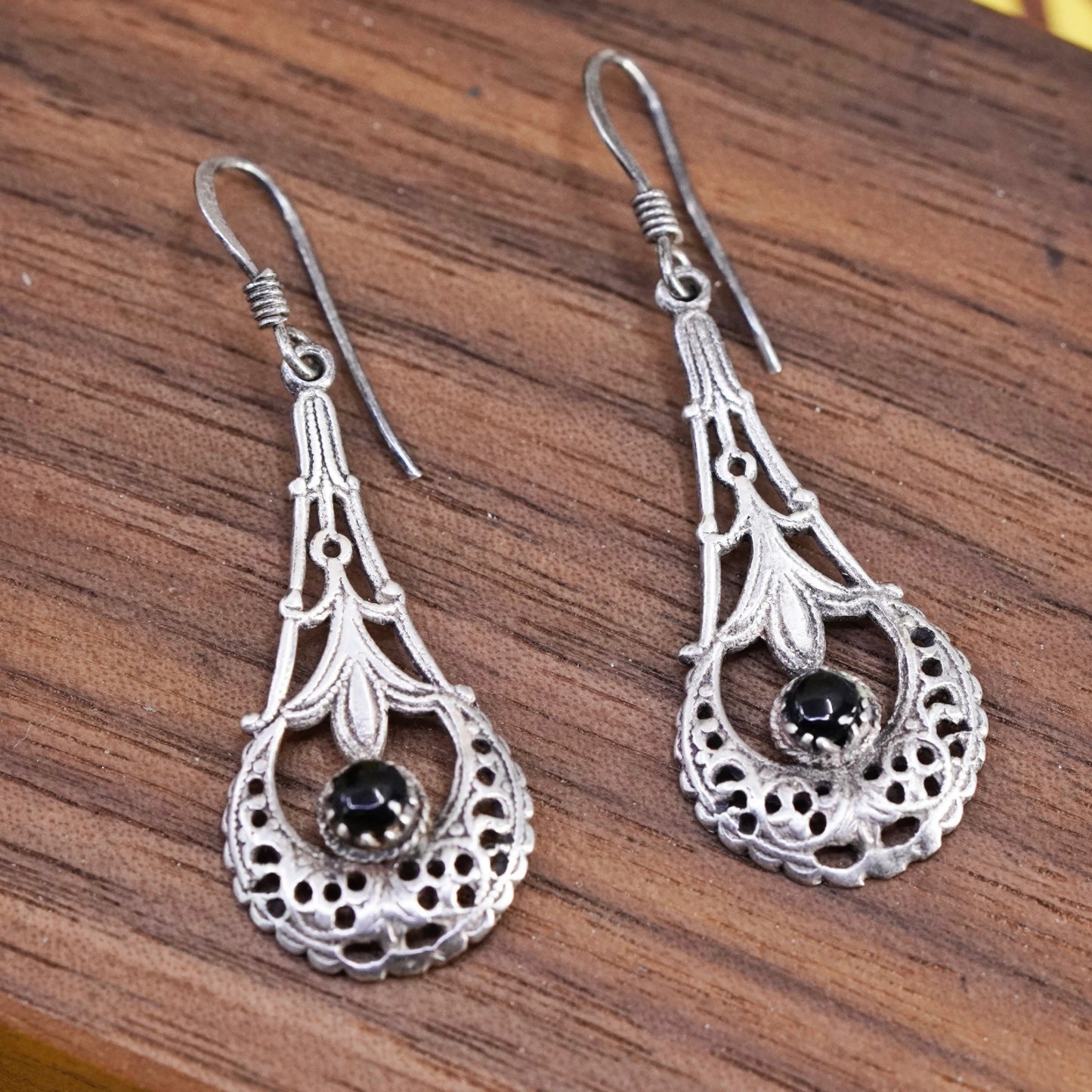 Vintage Sterling silver handmade earrings, 925 Filigree teardrop drops w/ onyx