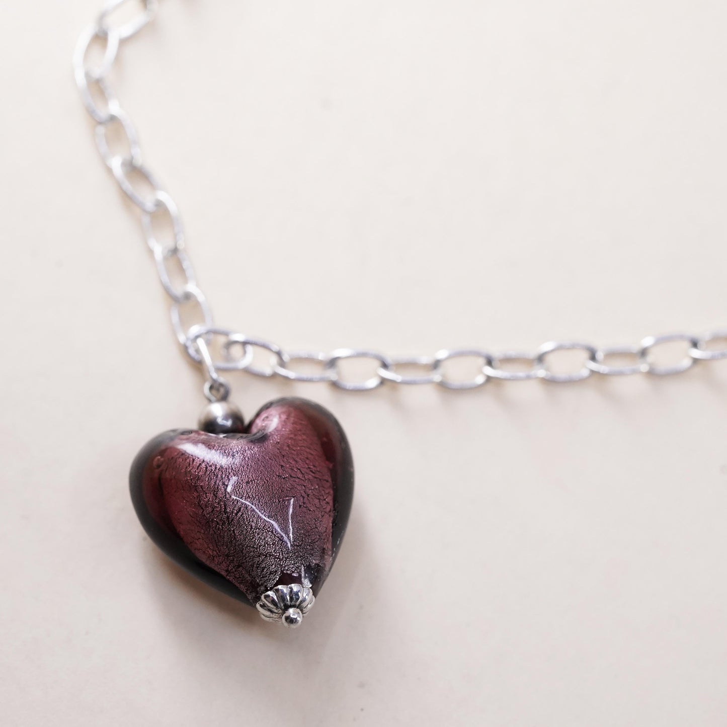 7.25" 3mm, Vintage sterling silver oval link chain with glass heart charm