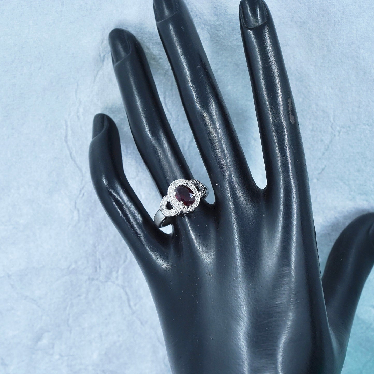 Size 8, vintage Sterling 925 silver ring with ruby and cz