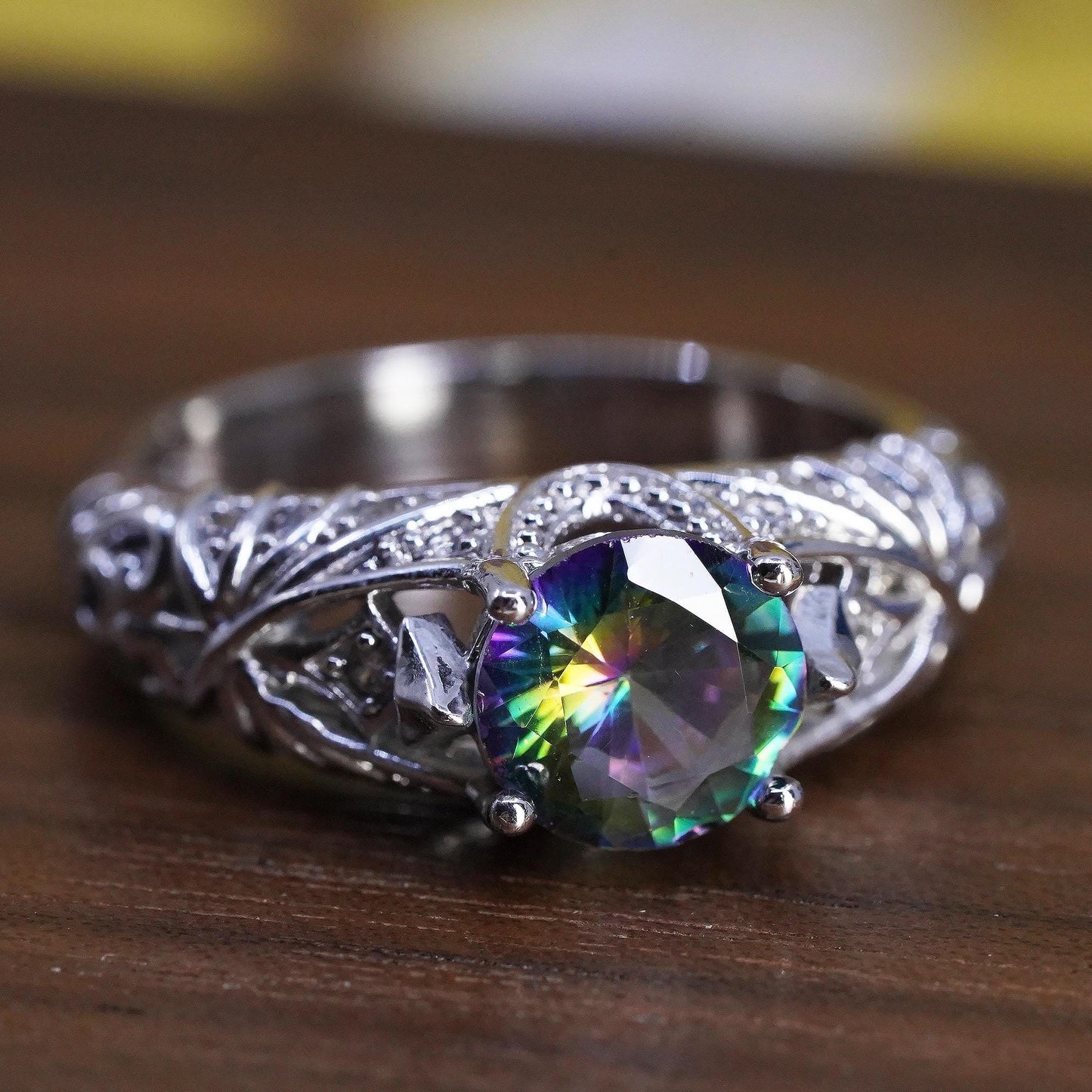 Size 8.25, vintage Sterling 925 silver ring with teardrop rainbow topaz cz