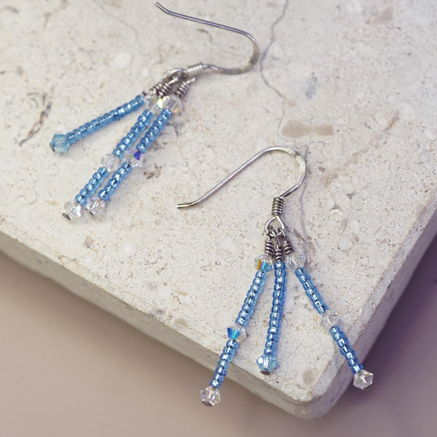 Vintage sterling silver 925 handmade earrings with blue crystal beads