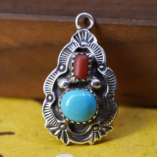 Vintage Native American Sterling 925 silver teardrop pendant turquoise coral