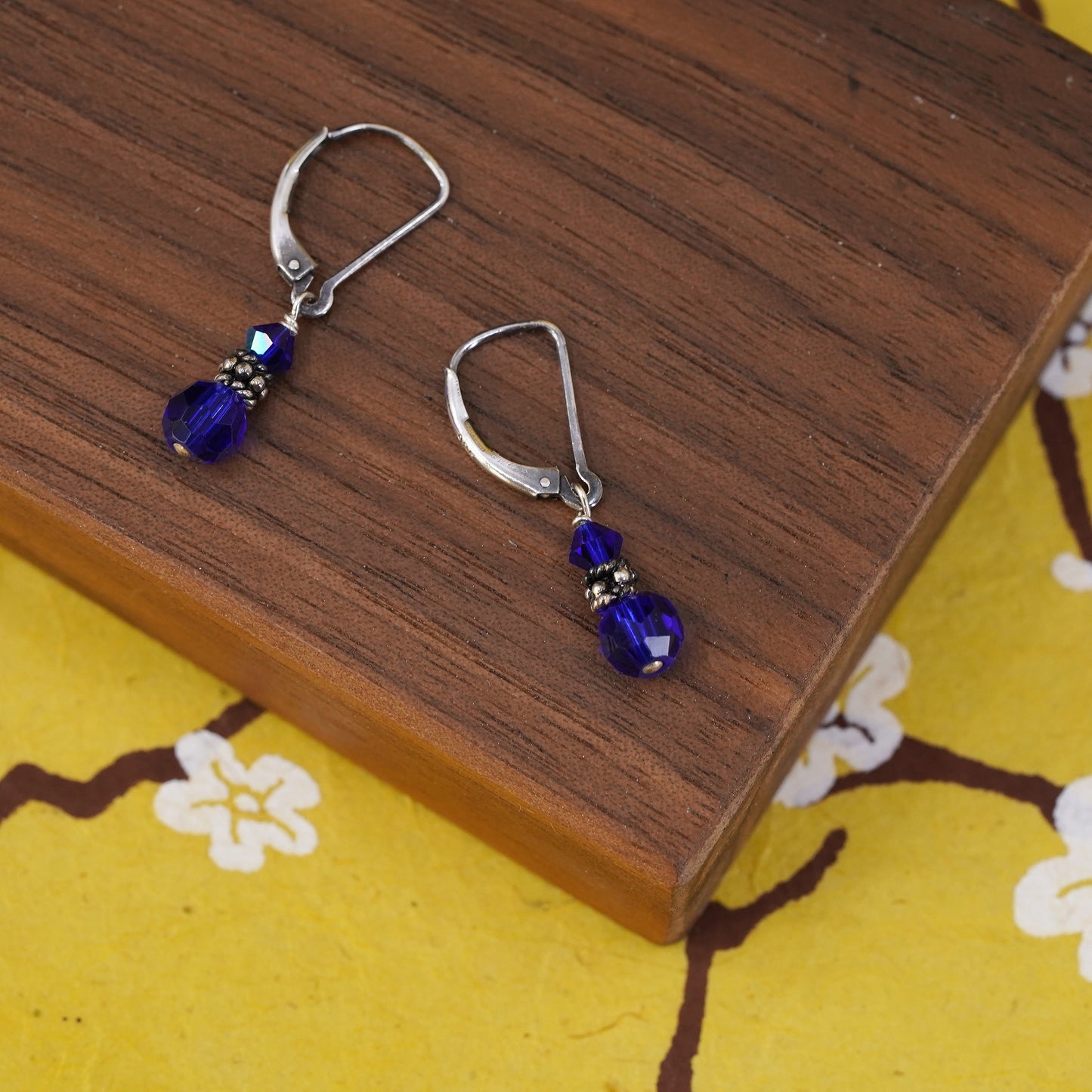 Vintage Sterling silver handmade earrings, 925 hooks with blue crystal beads