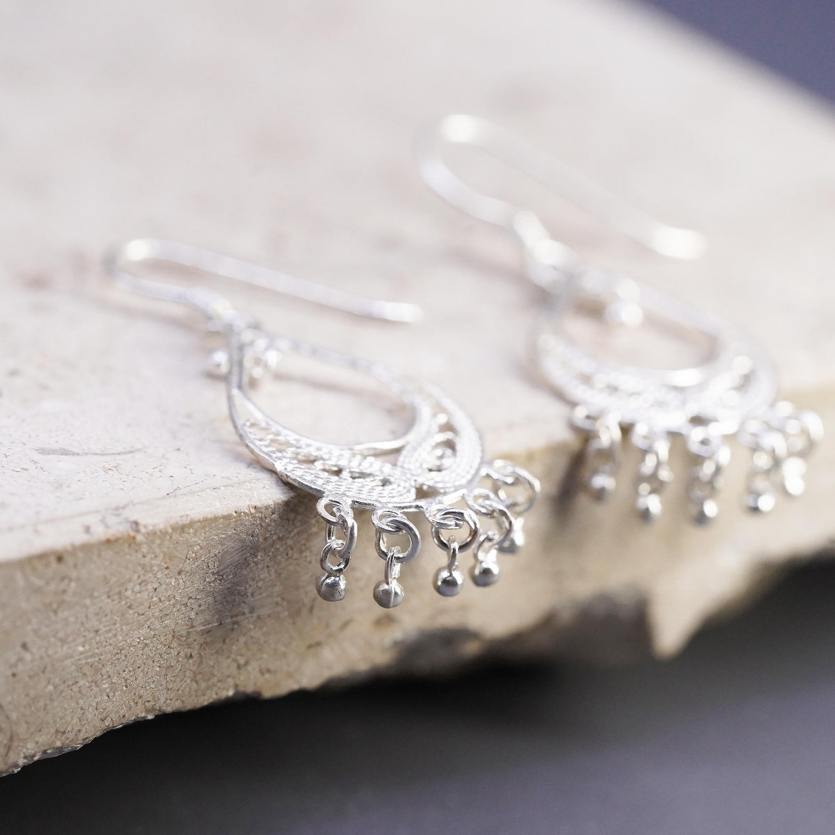 Vintage sterling silver handmade earrings, 925 filigree teardrop drop
