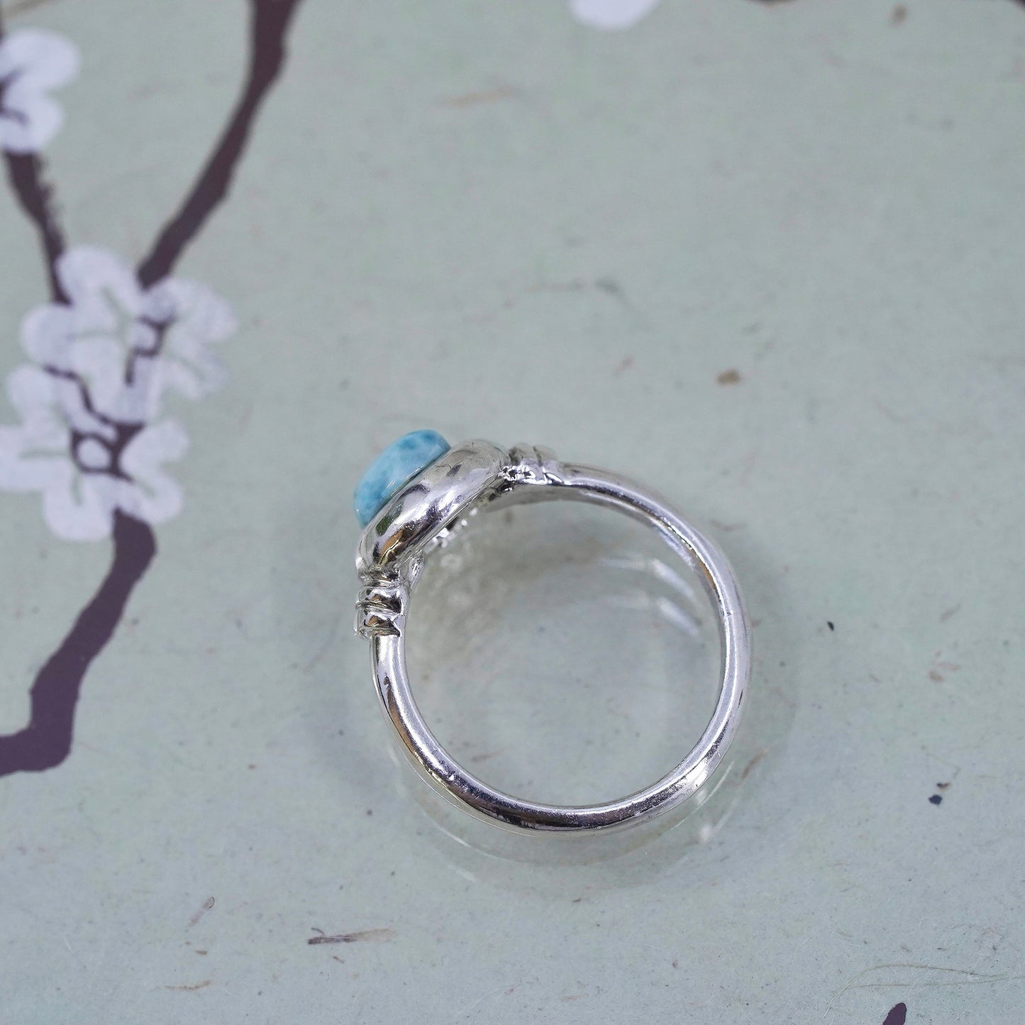 Size 7.25, Vintage Sterling silver handmade ring, 925 band with Larimar