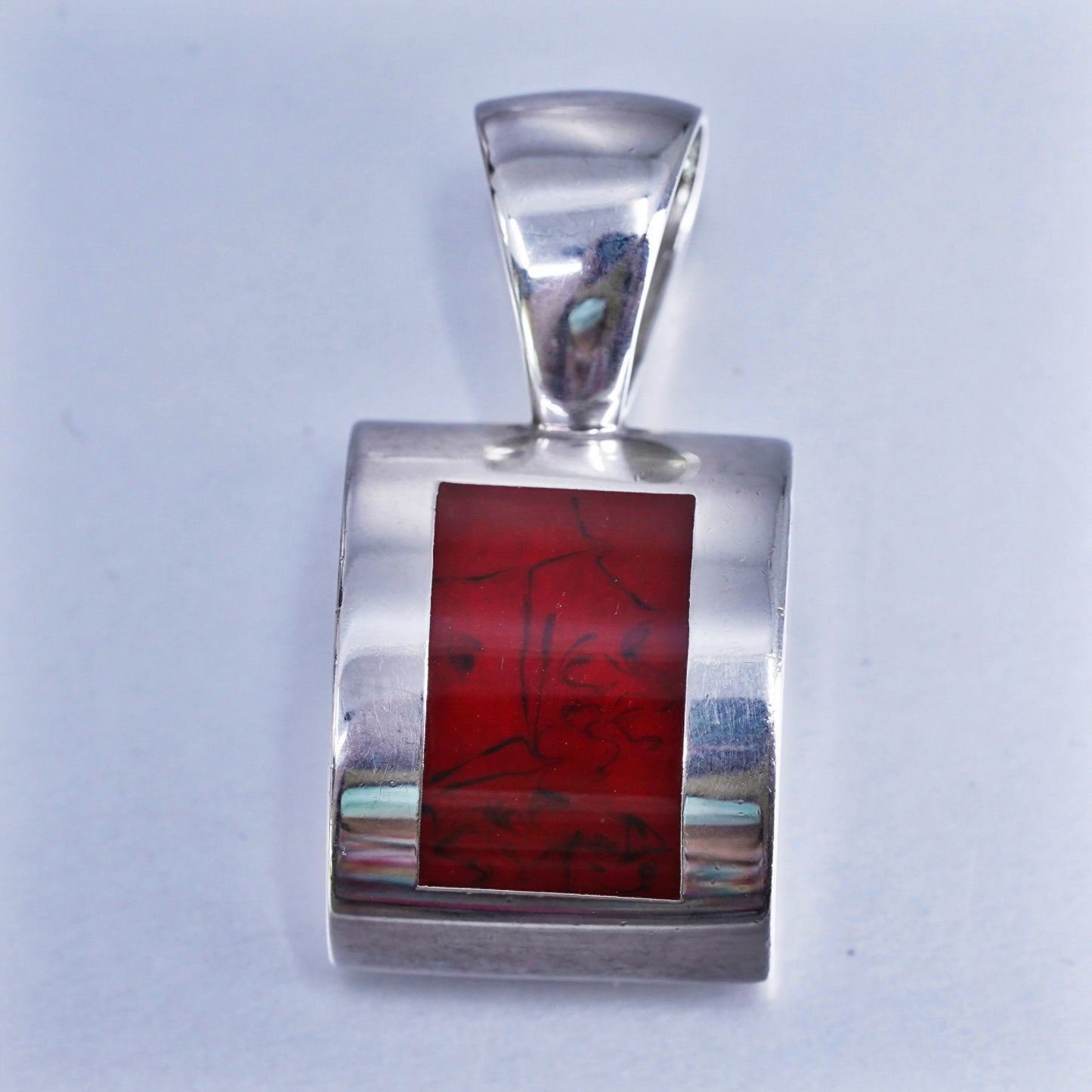 Vintage Mexican sterling 925 silver handmade pendant with red jasper inlay