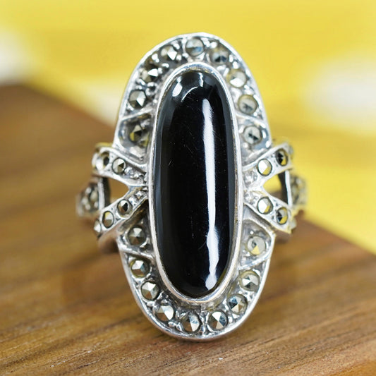 Size 7.25, vintage Sterling silver handmade ring with obsidian and marcasite