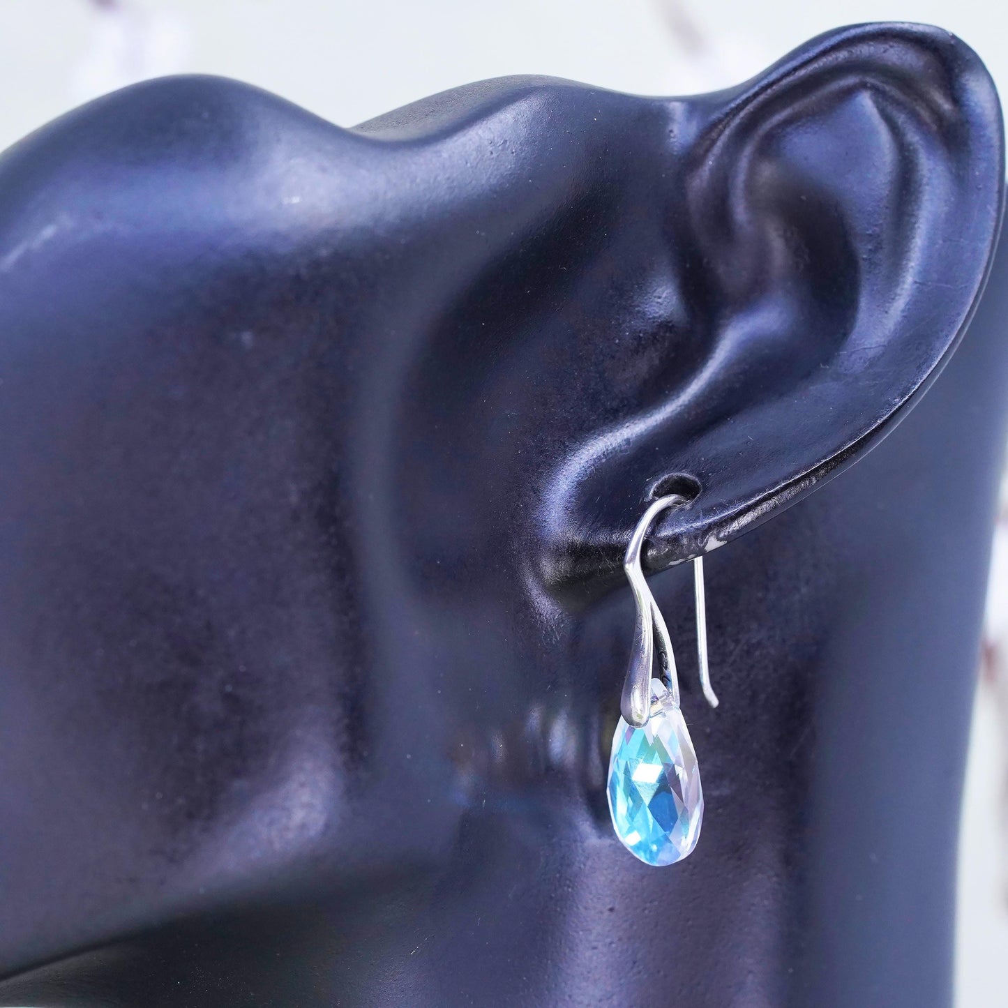Vintage sterling 925 silver handmade earrings with teardrop rainbow crystal