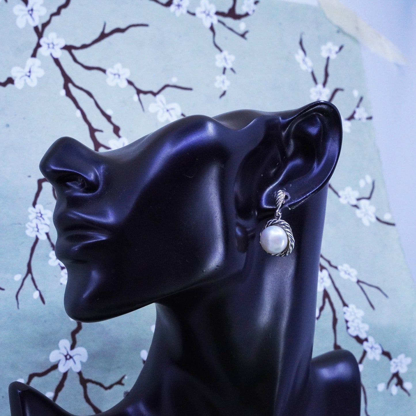Vintage CFJ sterling 925 silver handmade earrings with pearl dangles