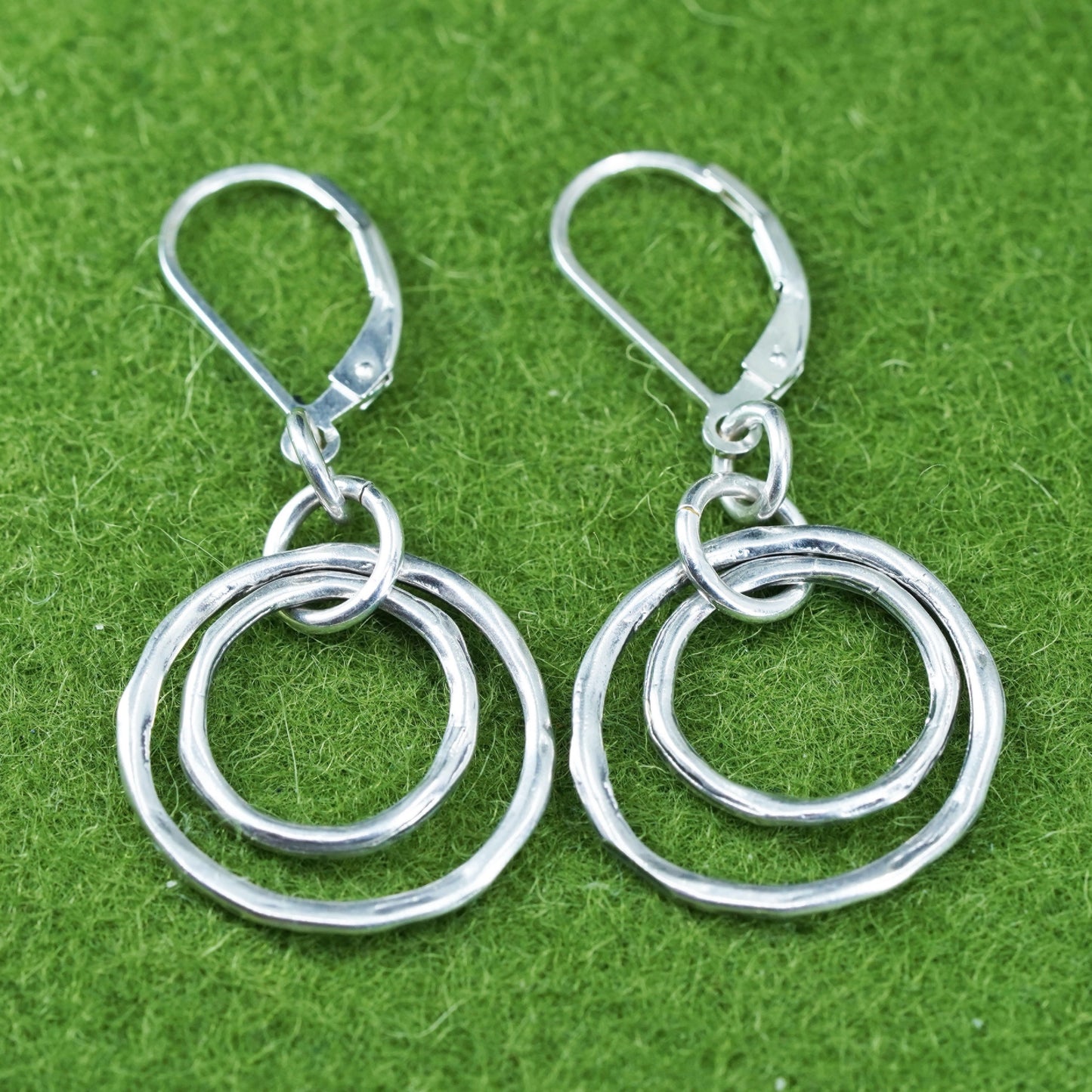 Vintage sterling silver handmade earrings, 925 double circles dangles