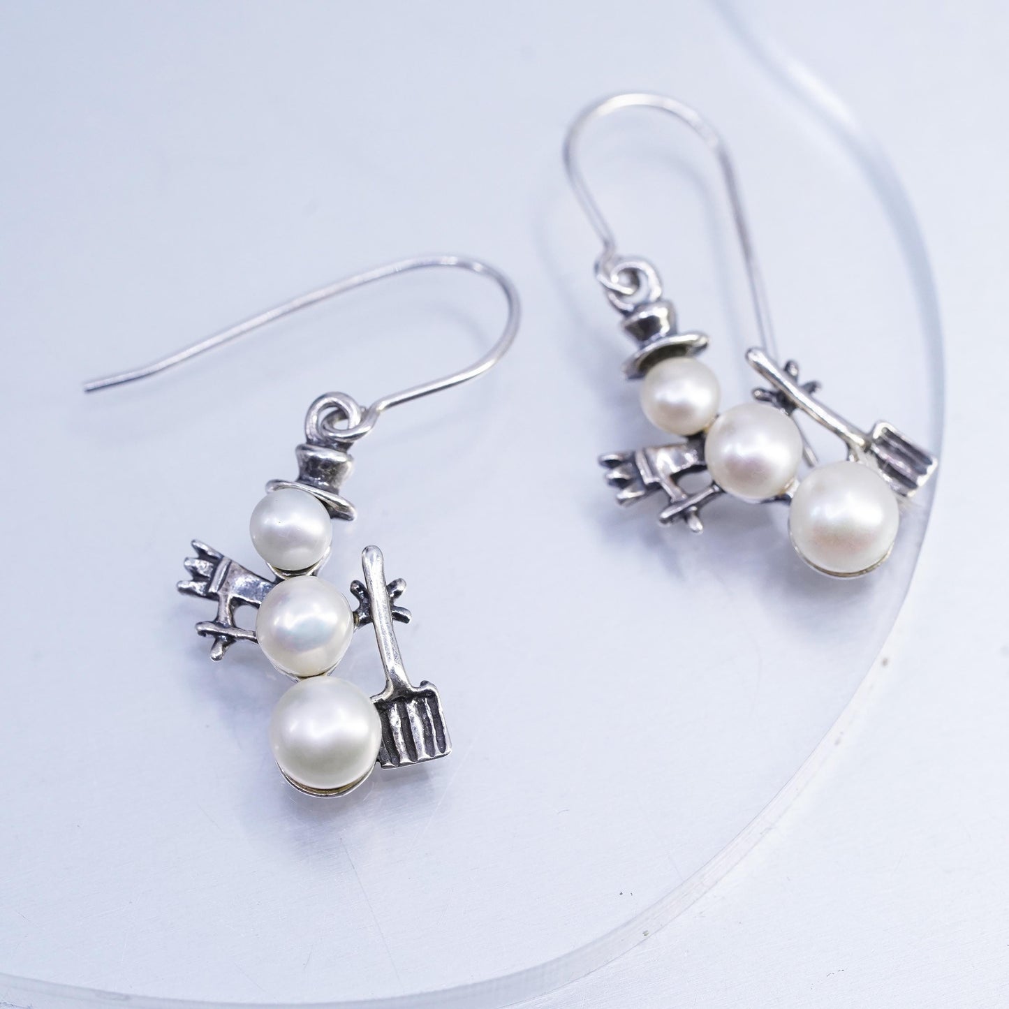 Vintage Silpada 925 Sterling Silver Snowman Earrings w/ Triple-Drop Pearl W1001