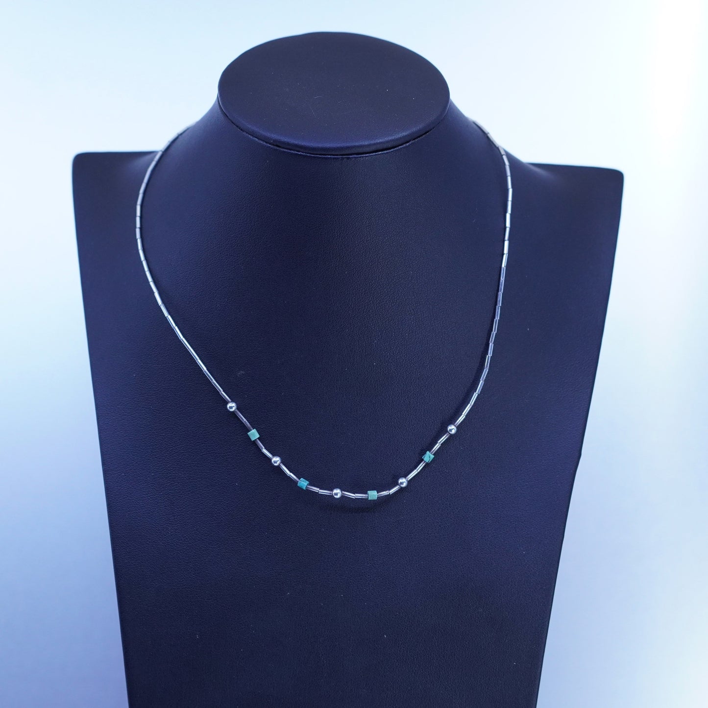 16”, Native American Sterling 925 liquid silver necklace with turquoise beads
