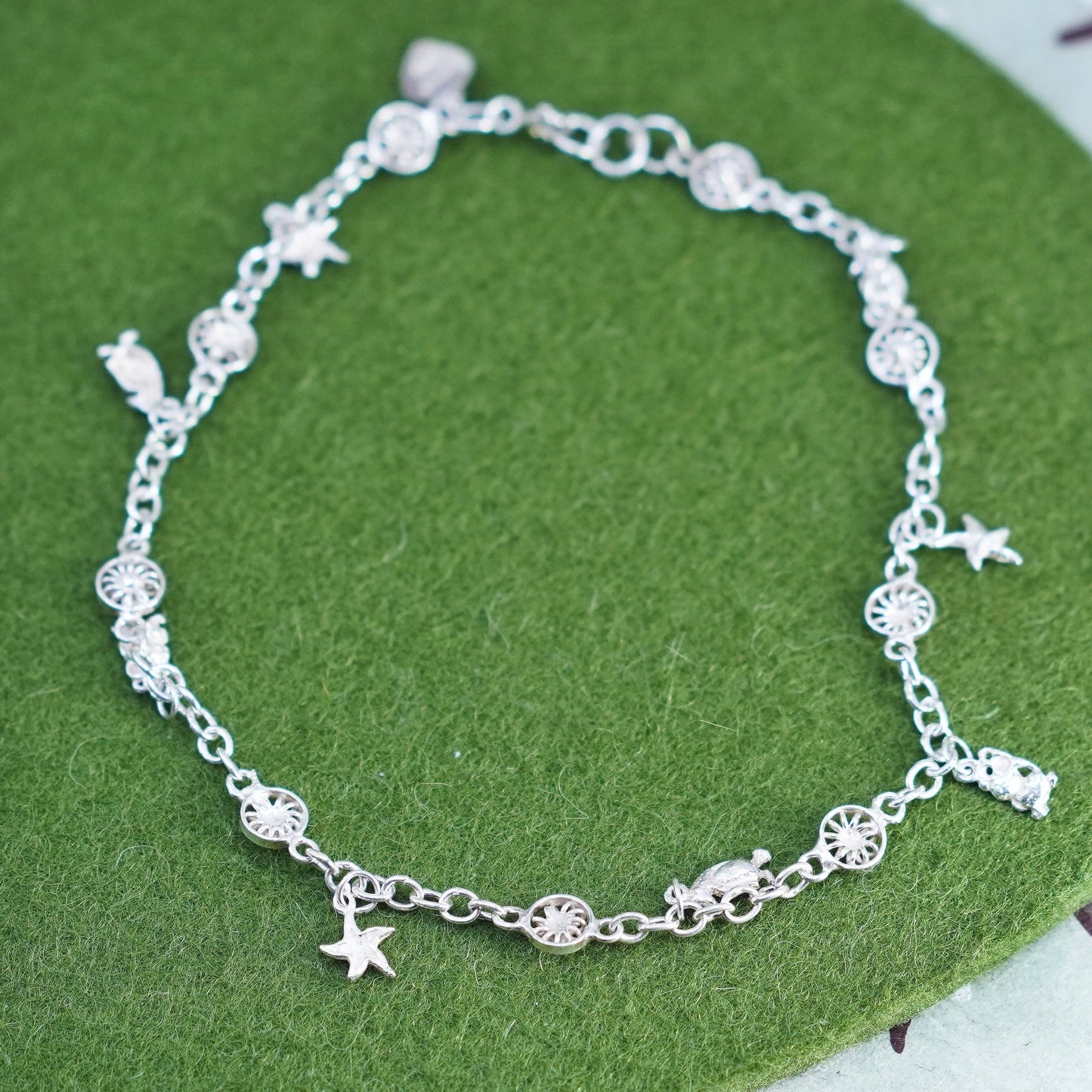 9.5”, Borox sterling silver anklet bracelet 925 sun chain bird star heart charm