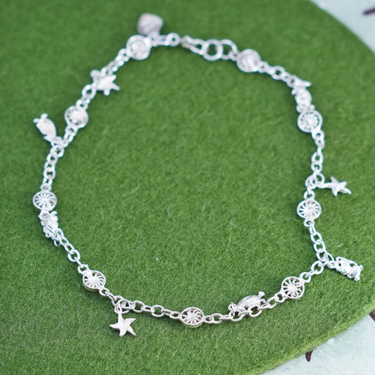 9.5”, Borox sterling silver anklet bracelet 925 sun chain bird star heart charm