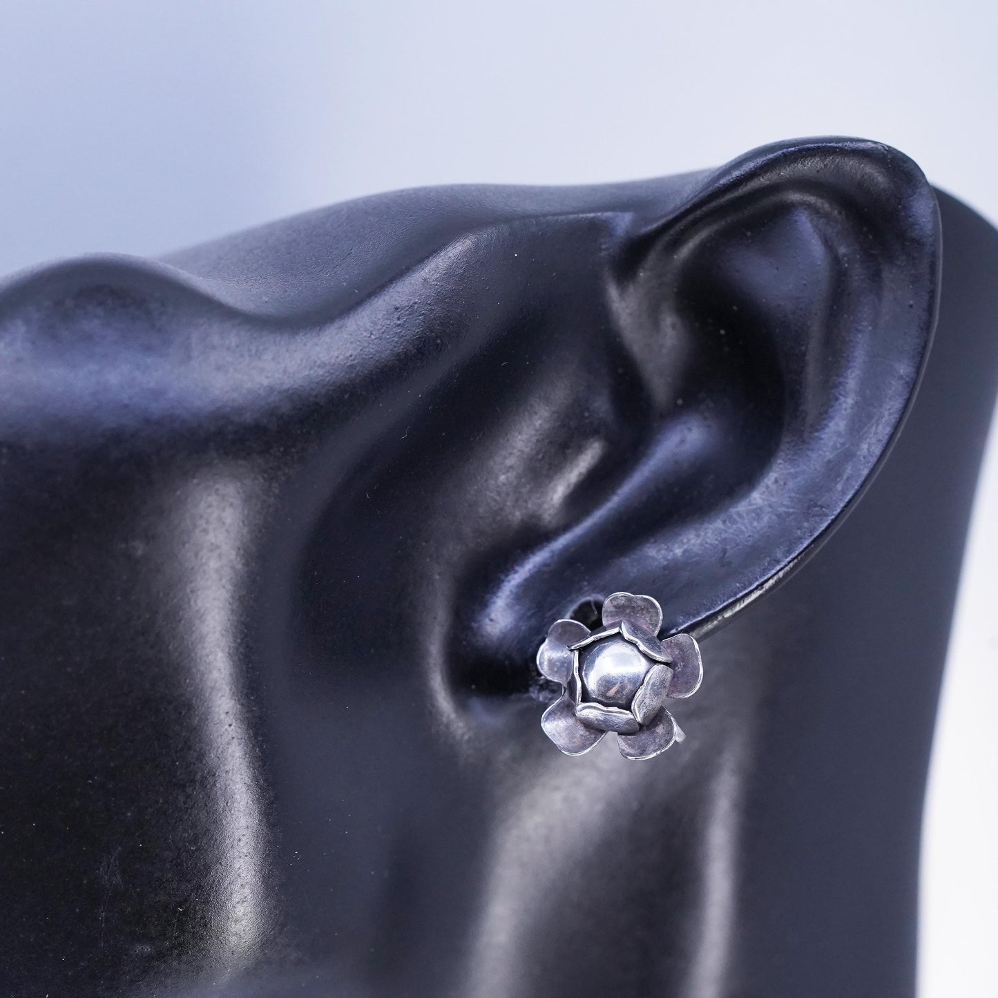 Vintage Sterling 925 silver handmade earrings, screw back flower