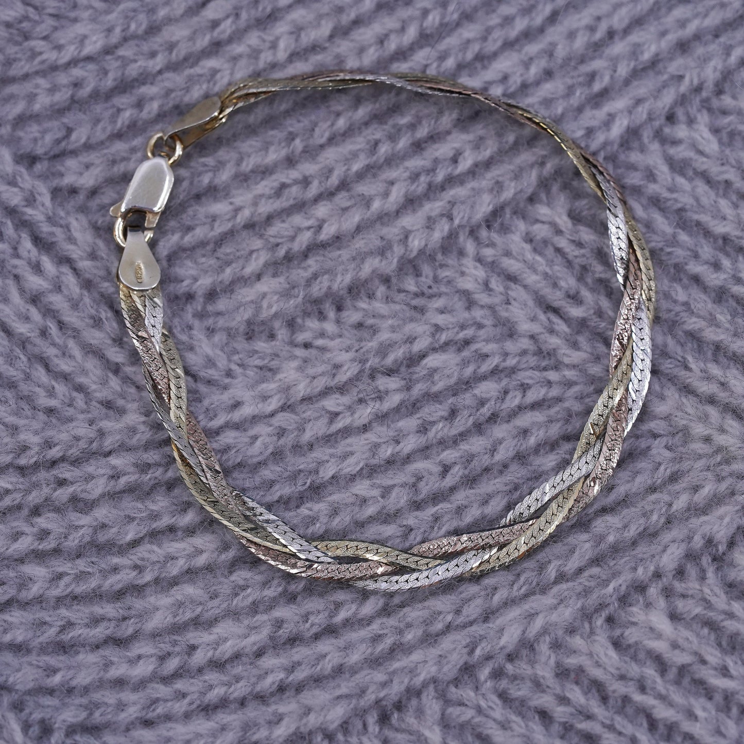 7" gold over Sterling silver bracelet, 925 woven braided herringbone chains
