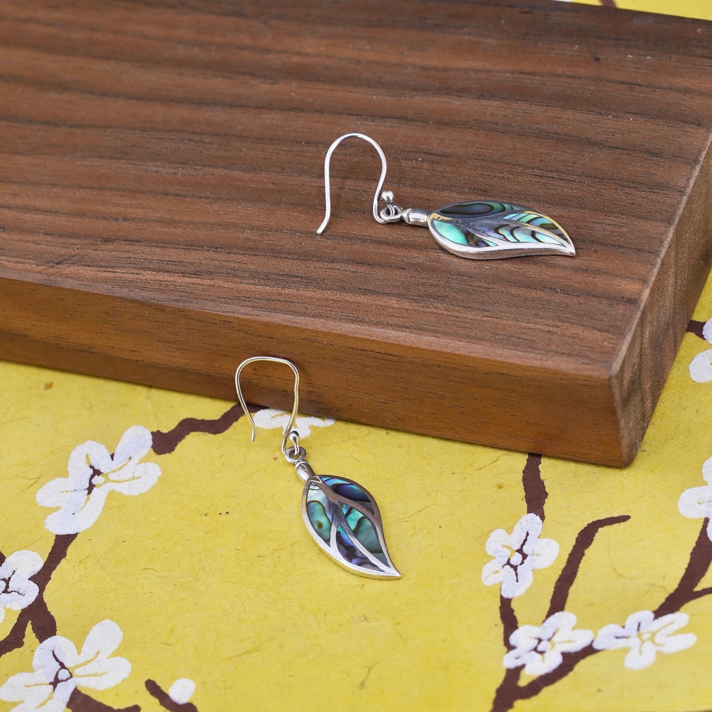 Vintage Sterling 925 silver handmade leaf earrings with abalone inlay
