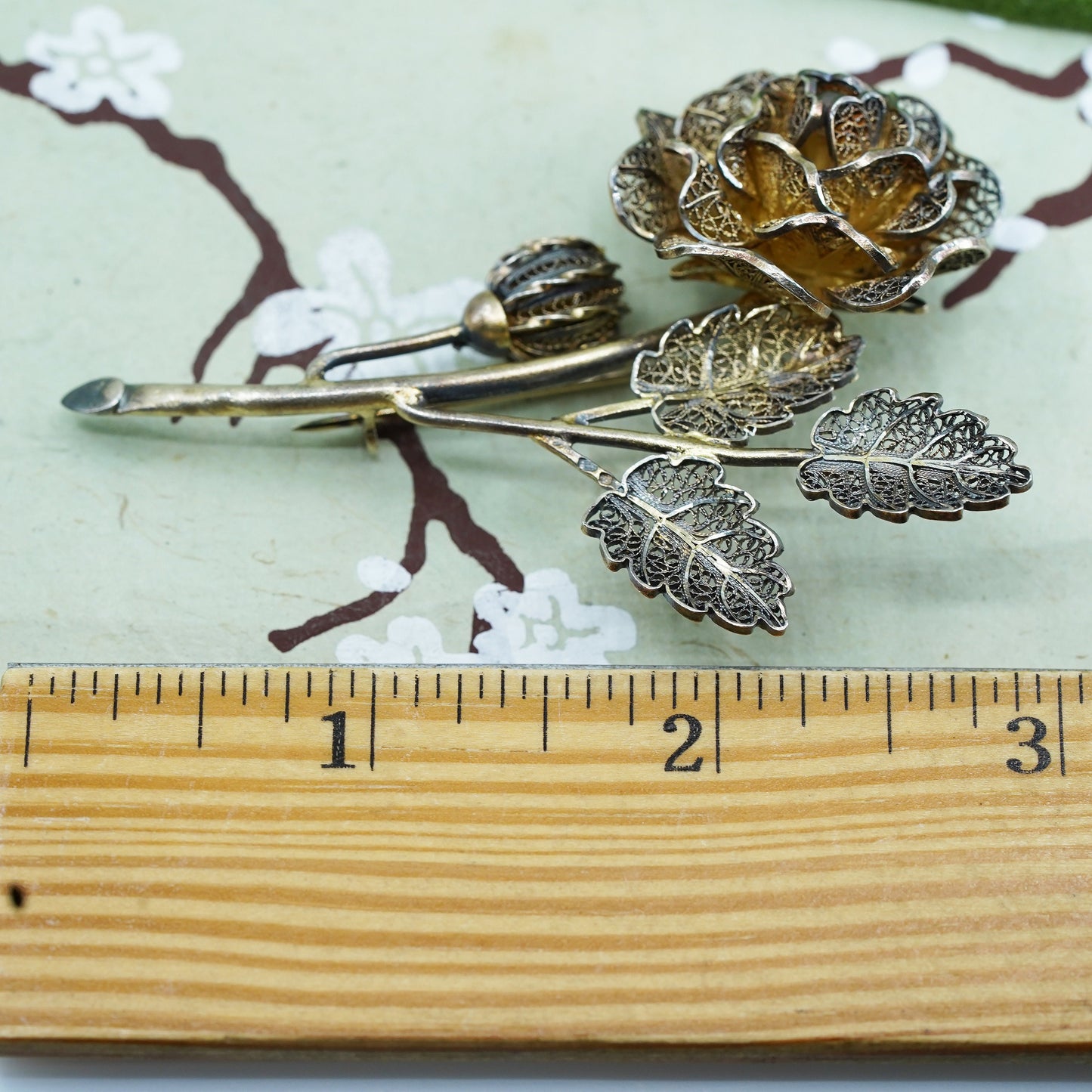 1960s 925 Sterling Silver Gold Plated VTG Portugal Filigree Floral Pin Brooch,