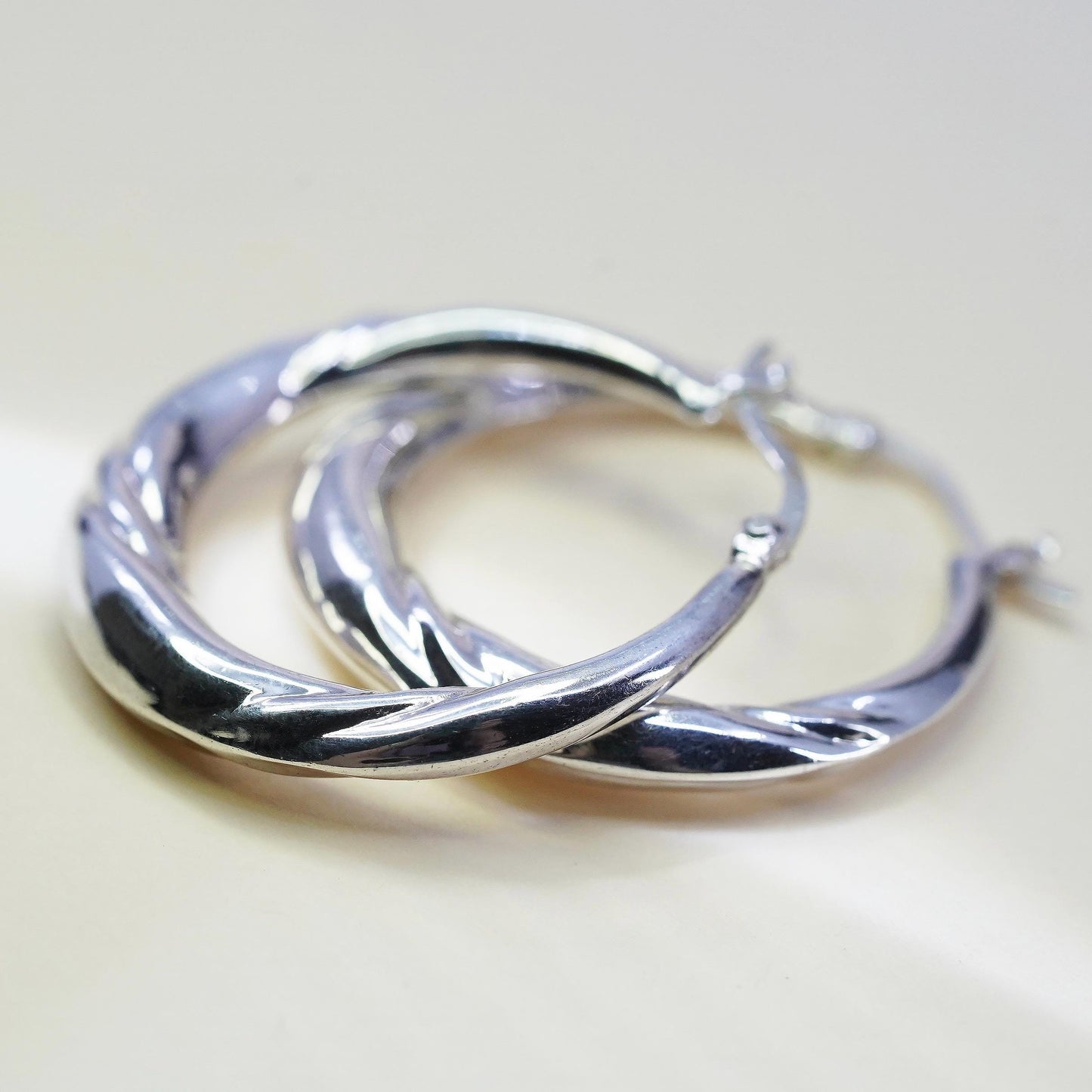 1.25", Vintage 925 sterling silver loop earrings, ribbed primitive hoops