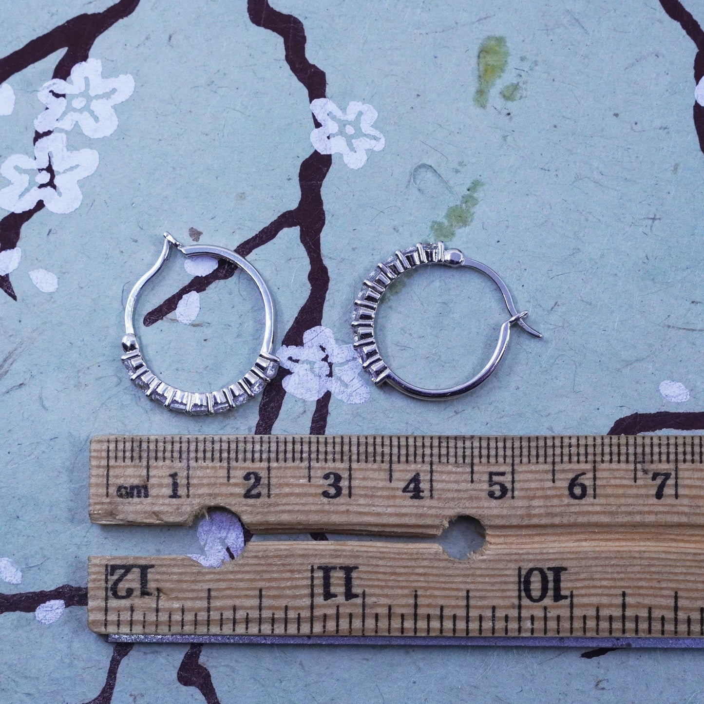 0.75”, Vintage sterling silver 925 earrings hoops, huggie with crystal inlay