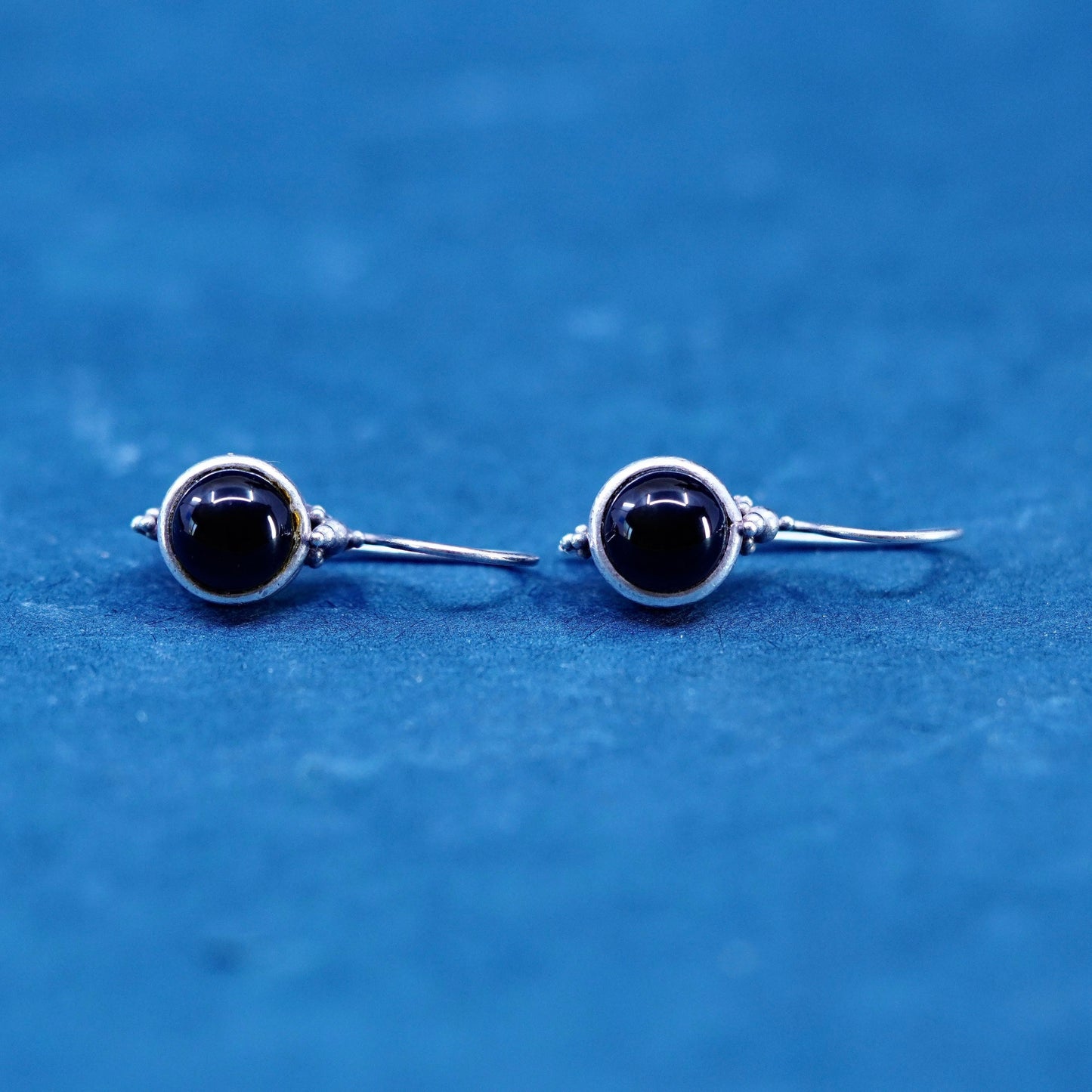 Vintage sterling 925 silver handmade earrings with round obsidian