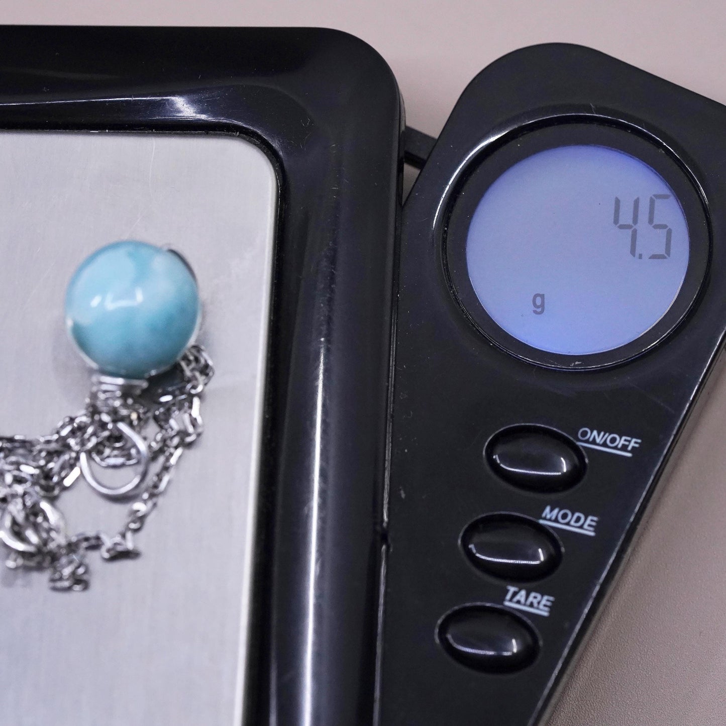 16", vintage Sterling silver necklace, 925 circle chain larimar bead pendant