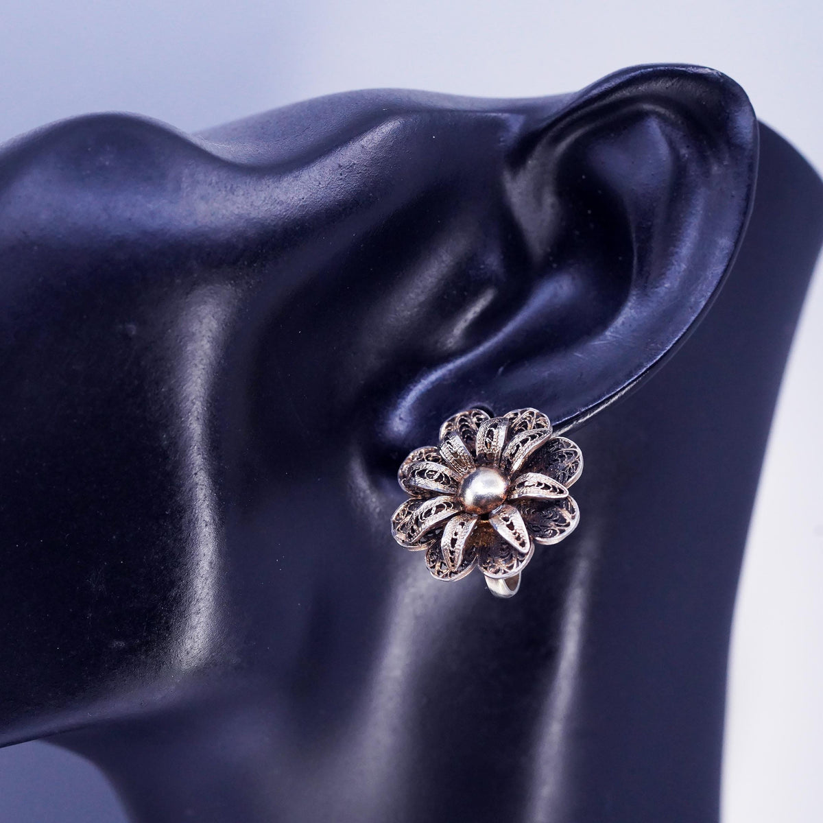 Vintage Vermeil Gold Over Sterling 925 Silver Filigree Screw Back Earrings Rose Flower