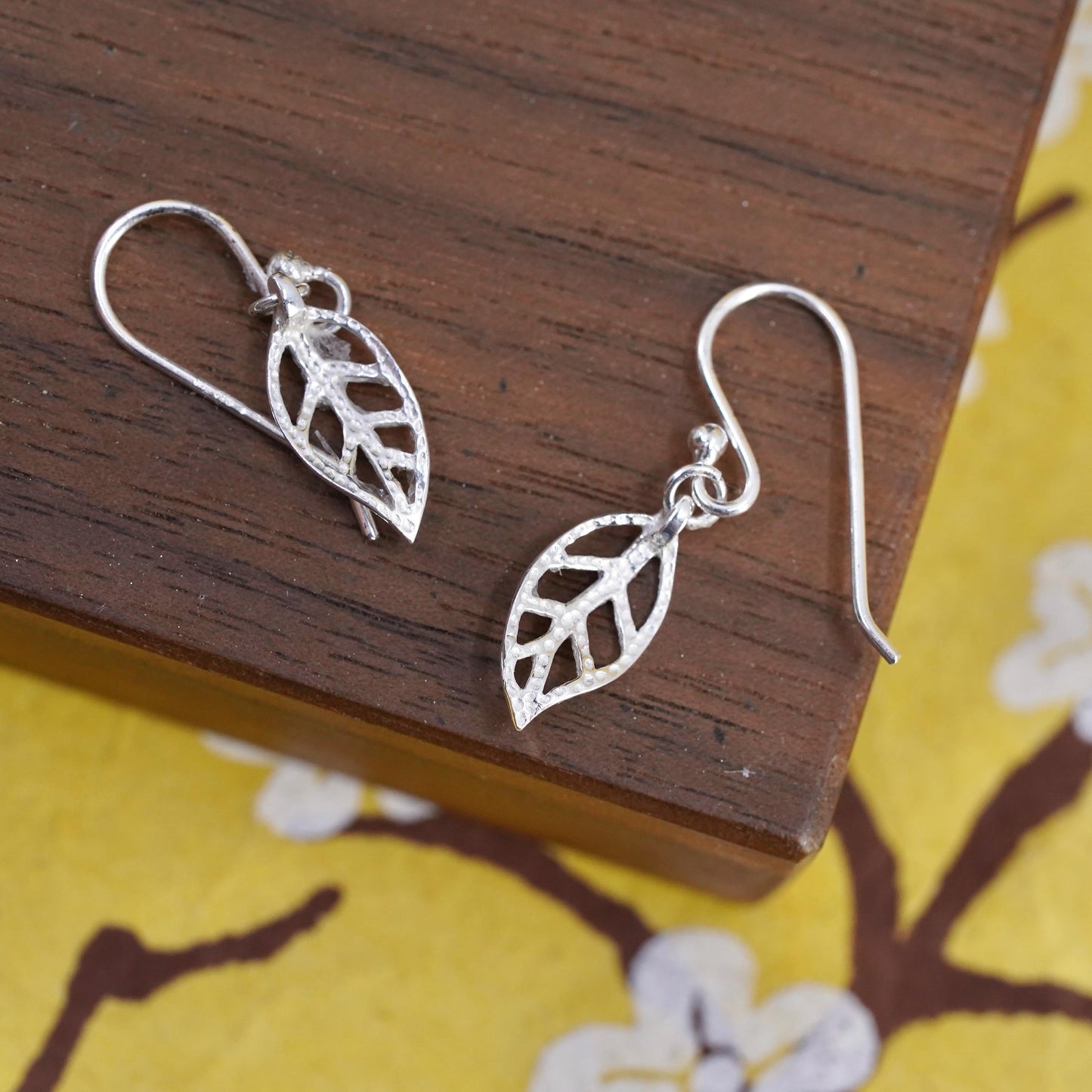 Vintage Sterling silver handmade earrings, 925 leaf dangles