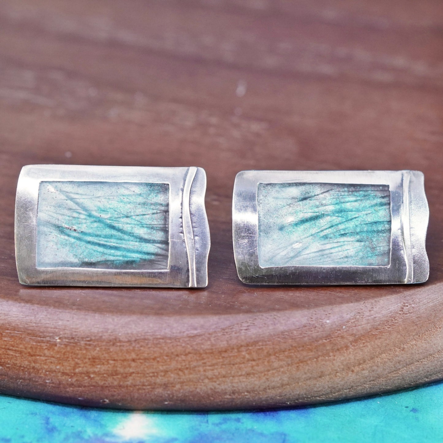 unique Sterling silver handmade earrings, rectangular studs with grass texture