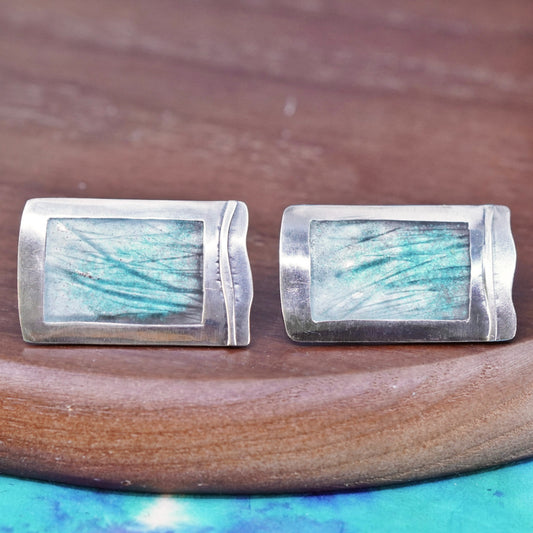 unique Sterling silver handmade earrings, rectangular studs with grass texture