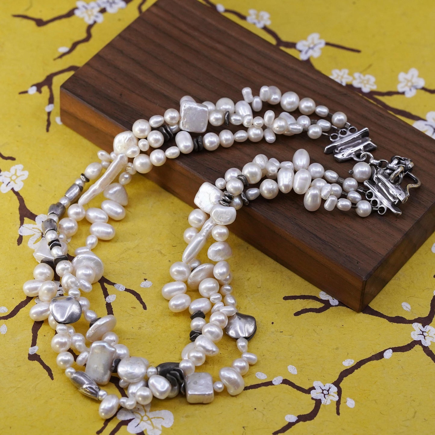 15+1", vintage Sterling 925 silver multi strands cluster pearl chain necklace