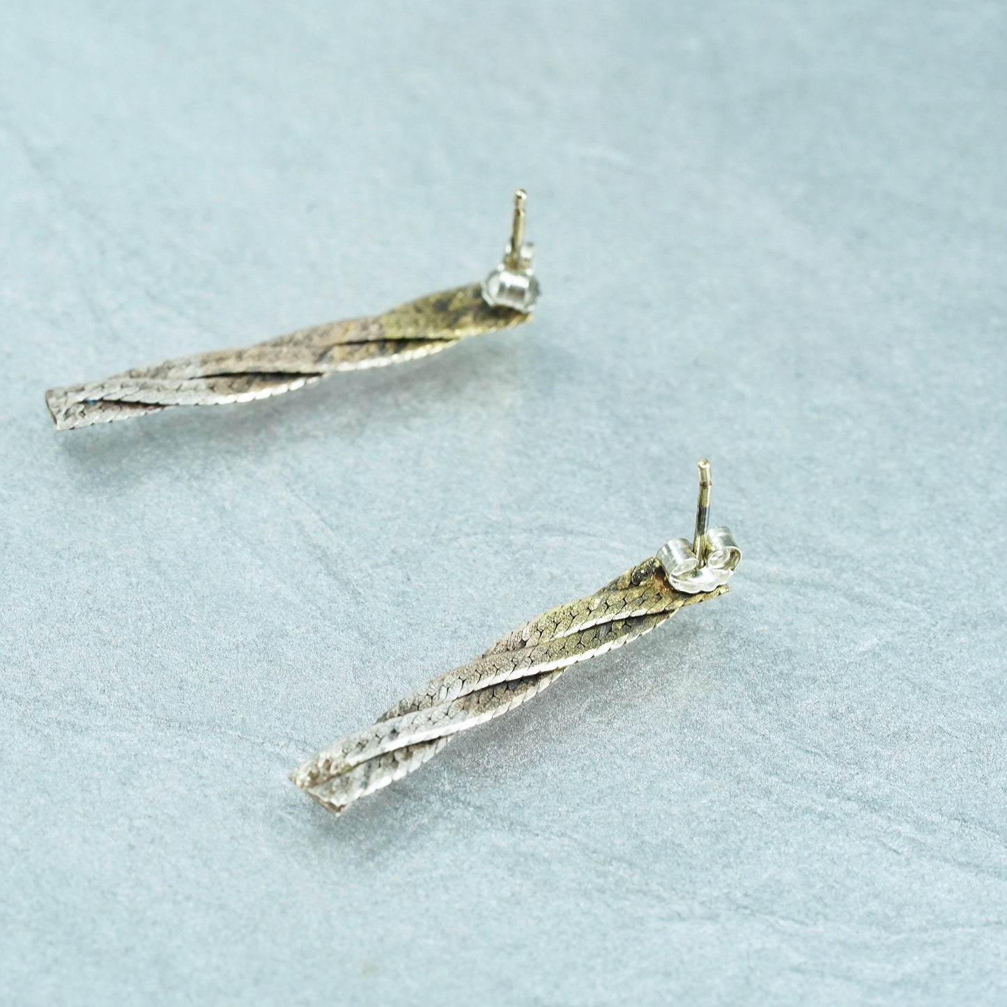Vintage Sterling 925 silver handmade twisted herringbone earrings drops
