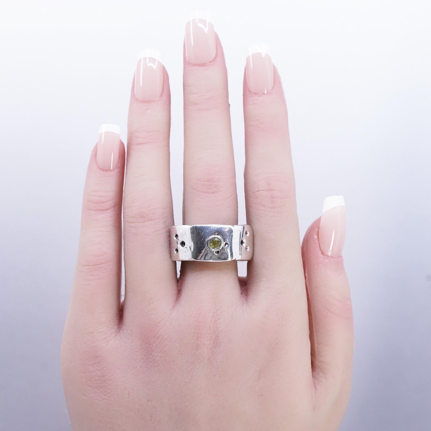 size 10.5, Vintage Sterling Silver Handmade Ring, 925 statement Band w/ peridot