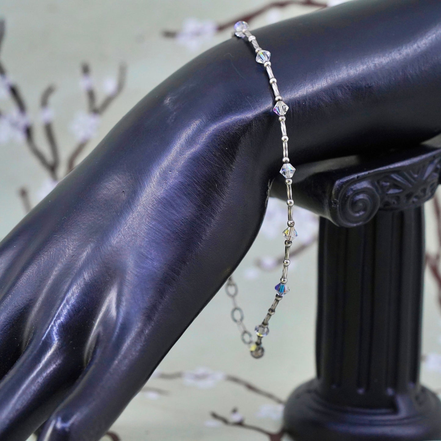 9", Vintage Handmade sterling silver anklet, 925 bar chain with crystal beads