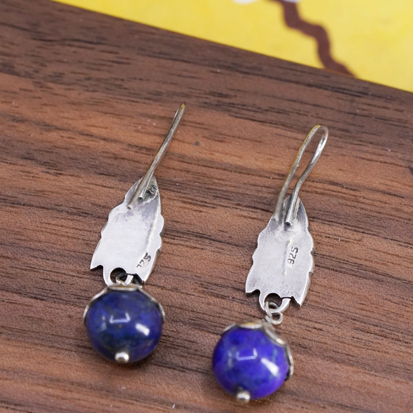 Vintage handmade sterling 925 silver leafy earrings with lapis lazuli bead