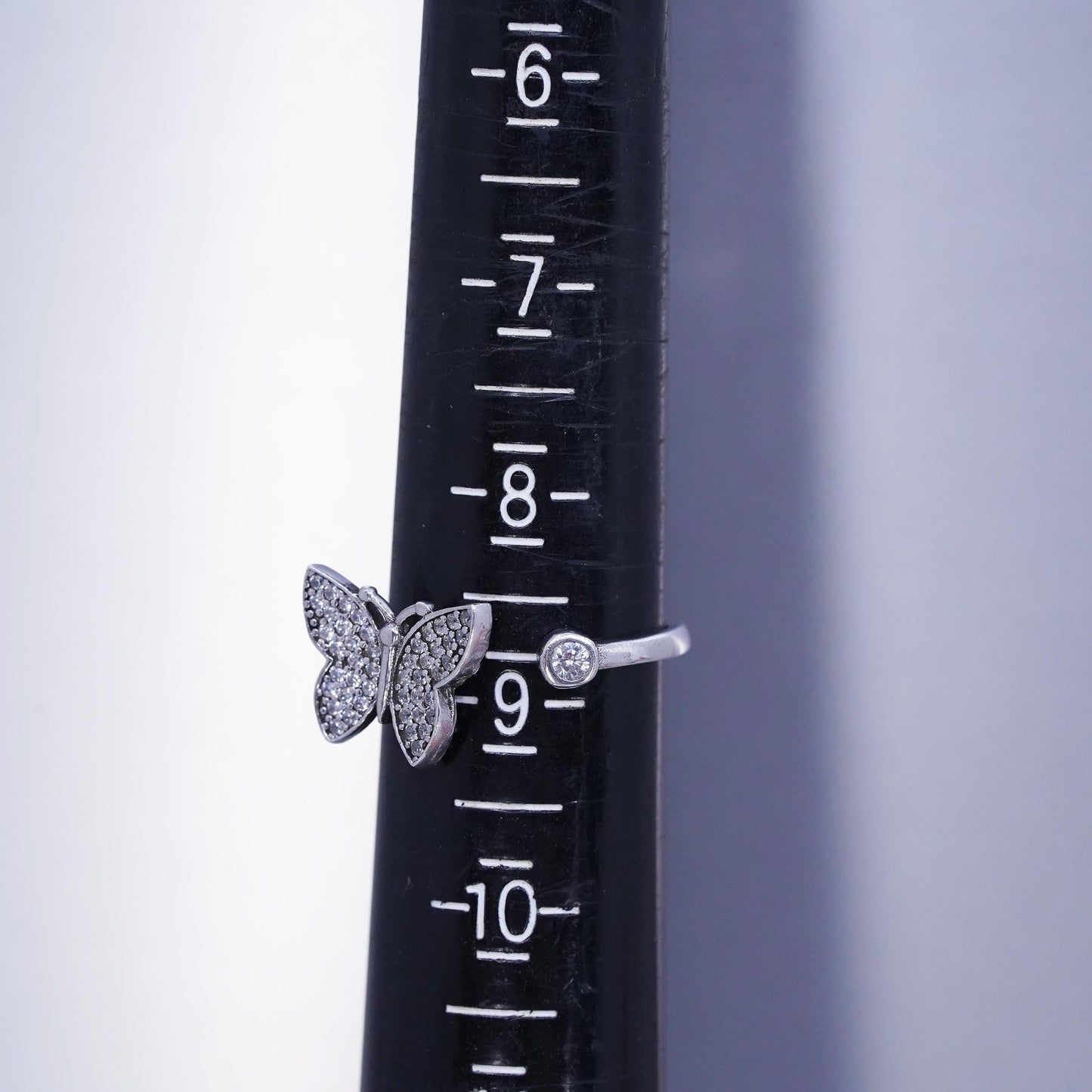 Size 9, vintage Sterling 925 silver adjustable ring, cluster Cz butterfly