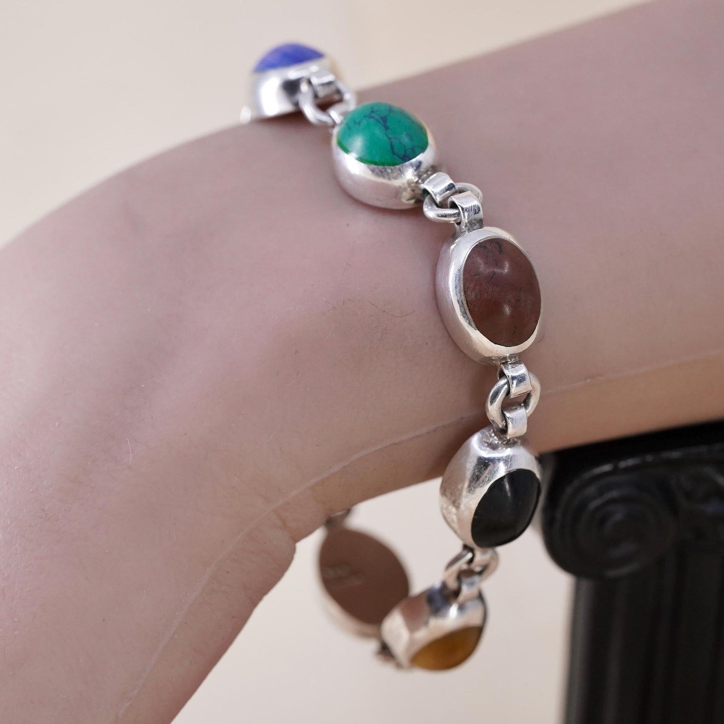 7” Sterling 925 Silver Multi Gemstone Bracelet, Turquoise Tiger Eye Agate Onyx