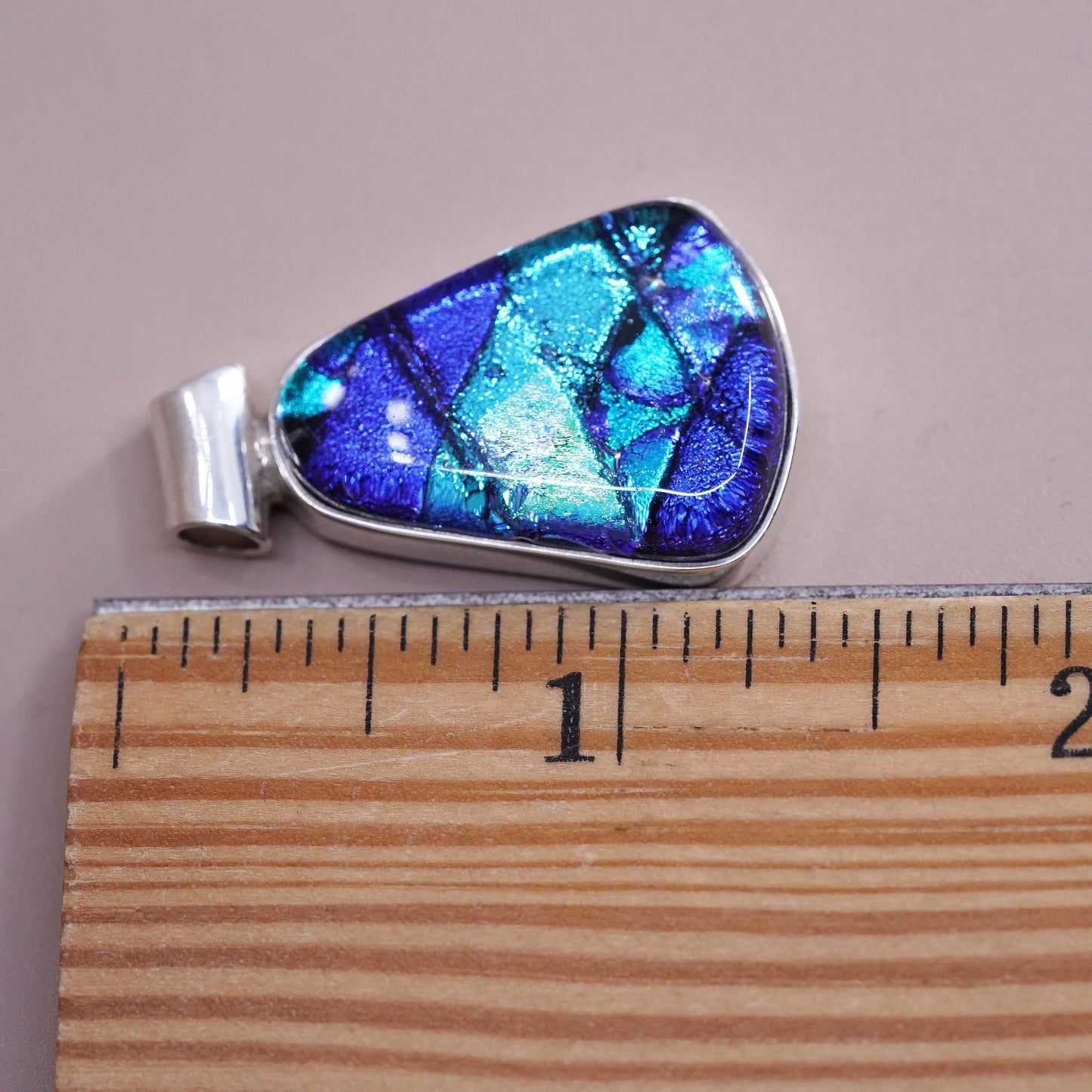 Vintage sterling 925 silver handmade teardrop pendant w/ dichroic foiled glass