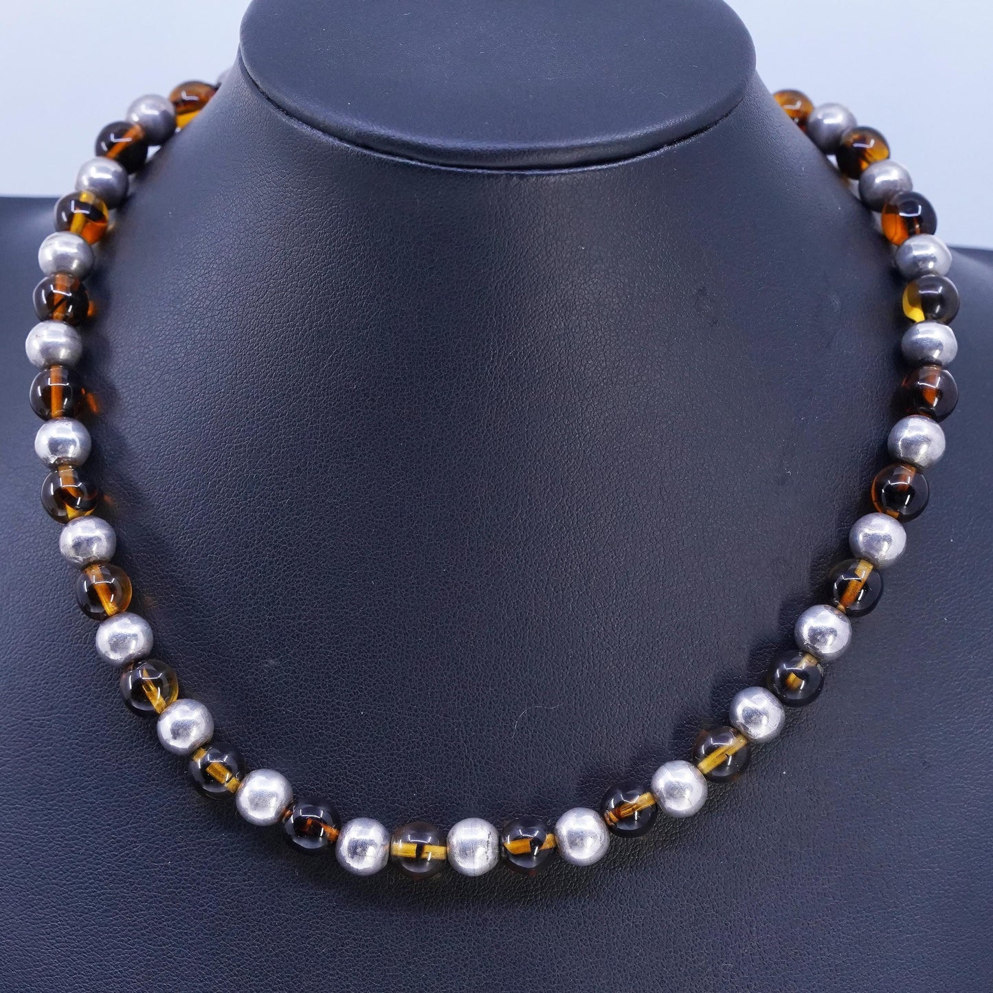 16" 8mm, Vintage Sterling 925 silver necklace with amber beads toggle closure