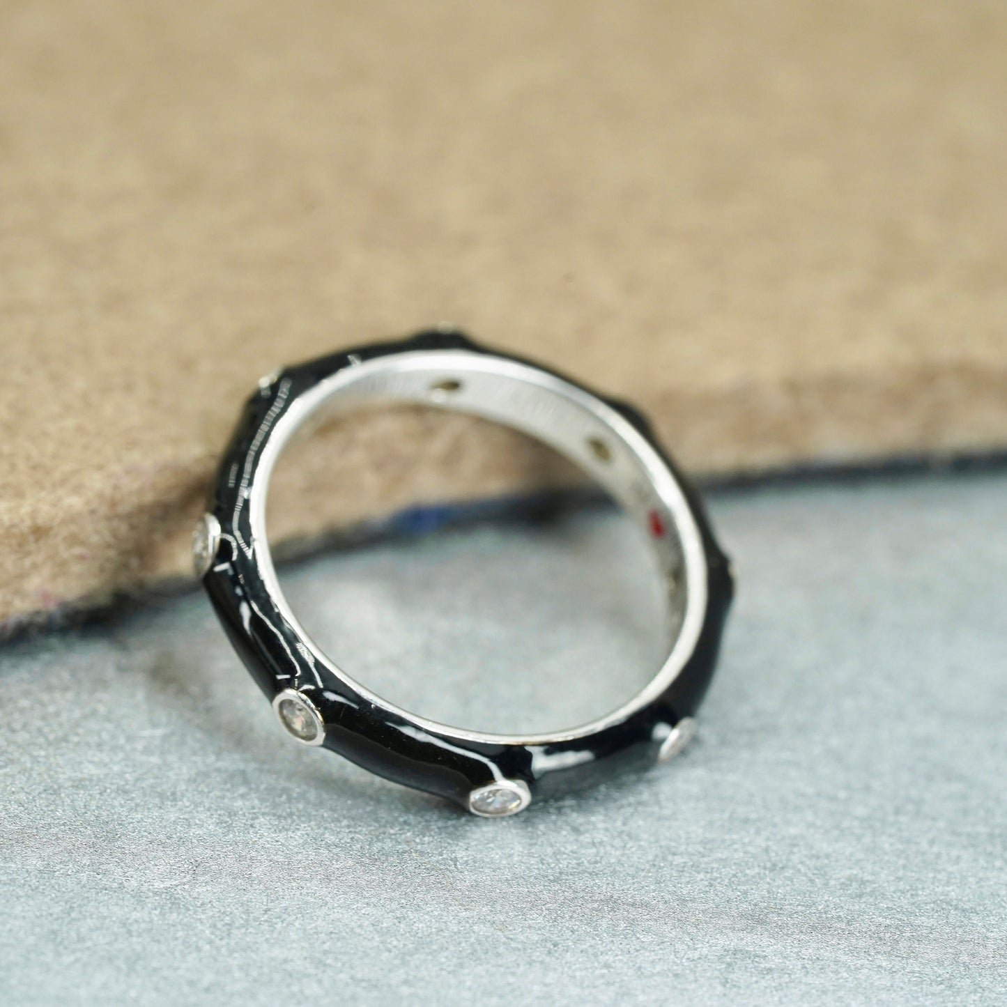Size 7.25, vintage Sterling 925 silver handmade ring, black enamel band with cz