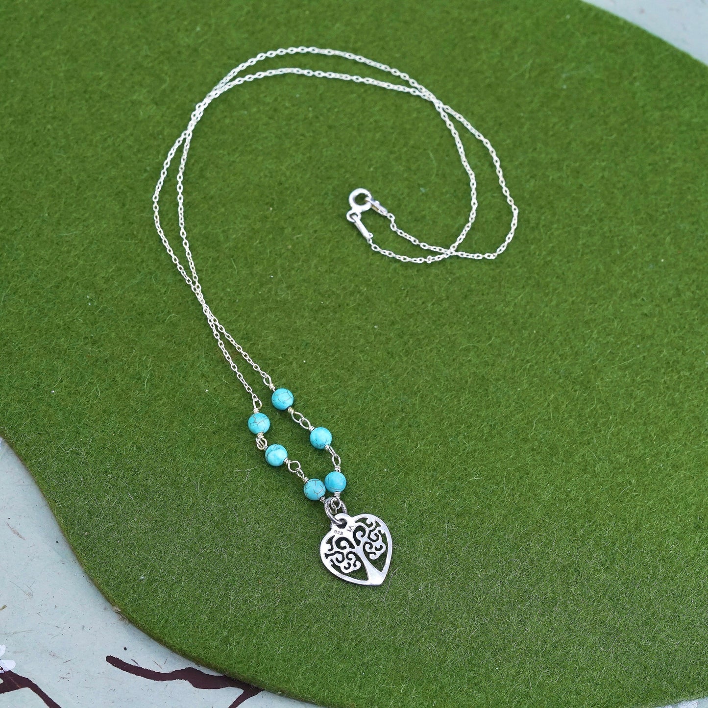 18", Native American Sterling silver necklace, 925 circle chain heart turquoise