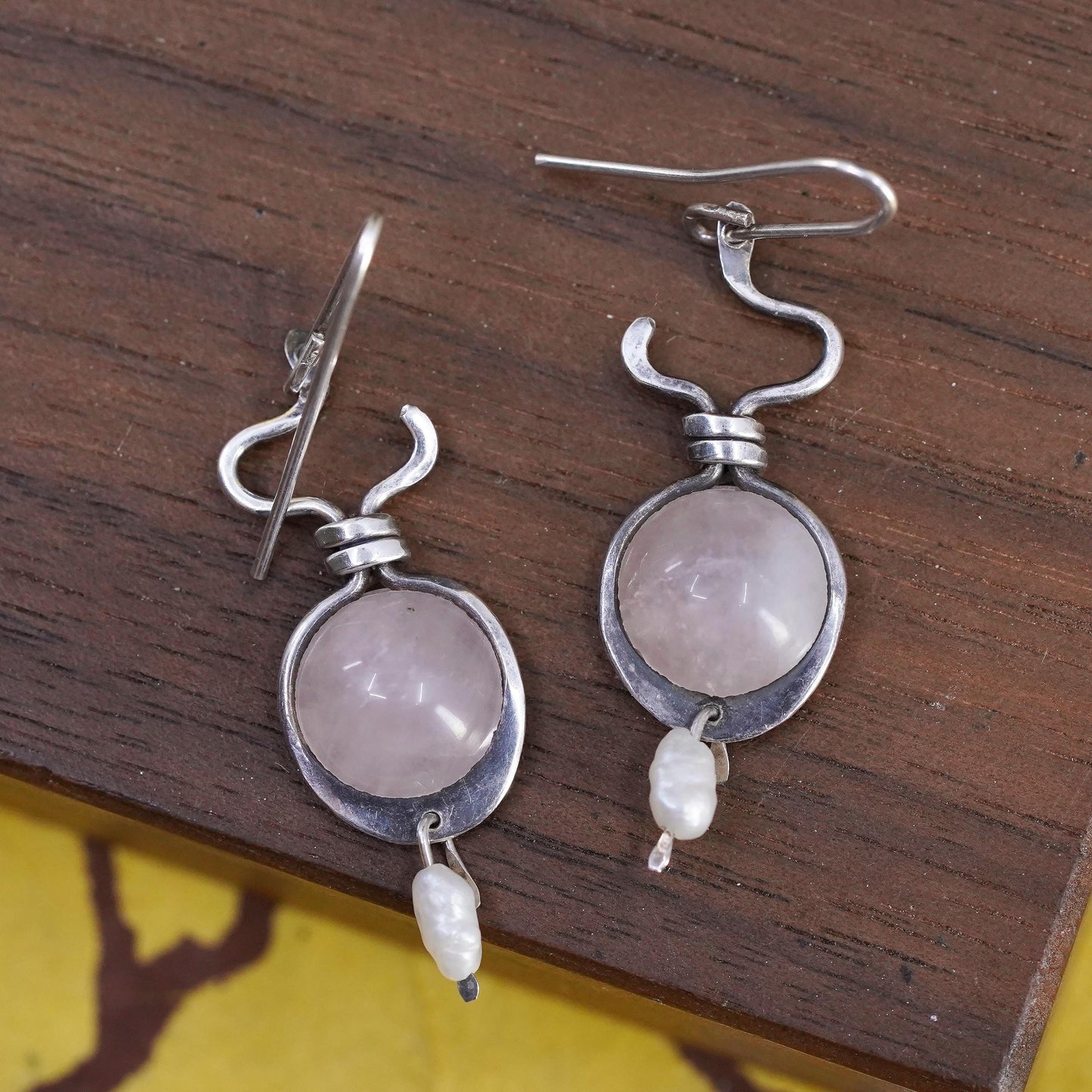 Vintage Sterling Silver Earrings, Pink Rose Quartz Pearl Drop, Handmade 925