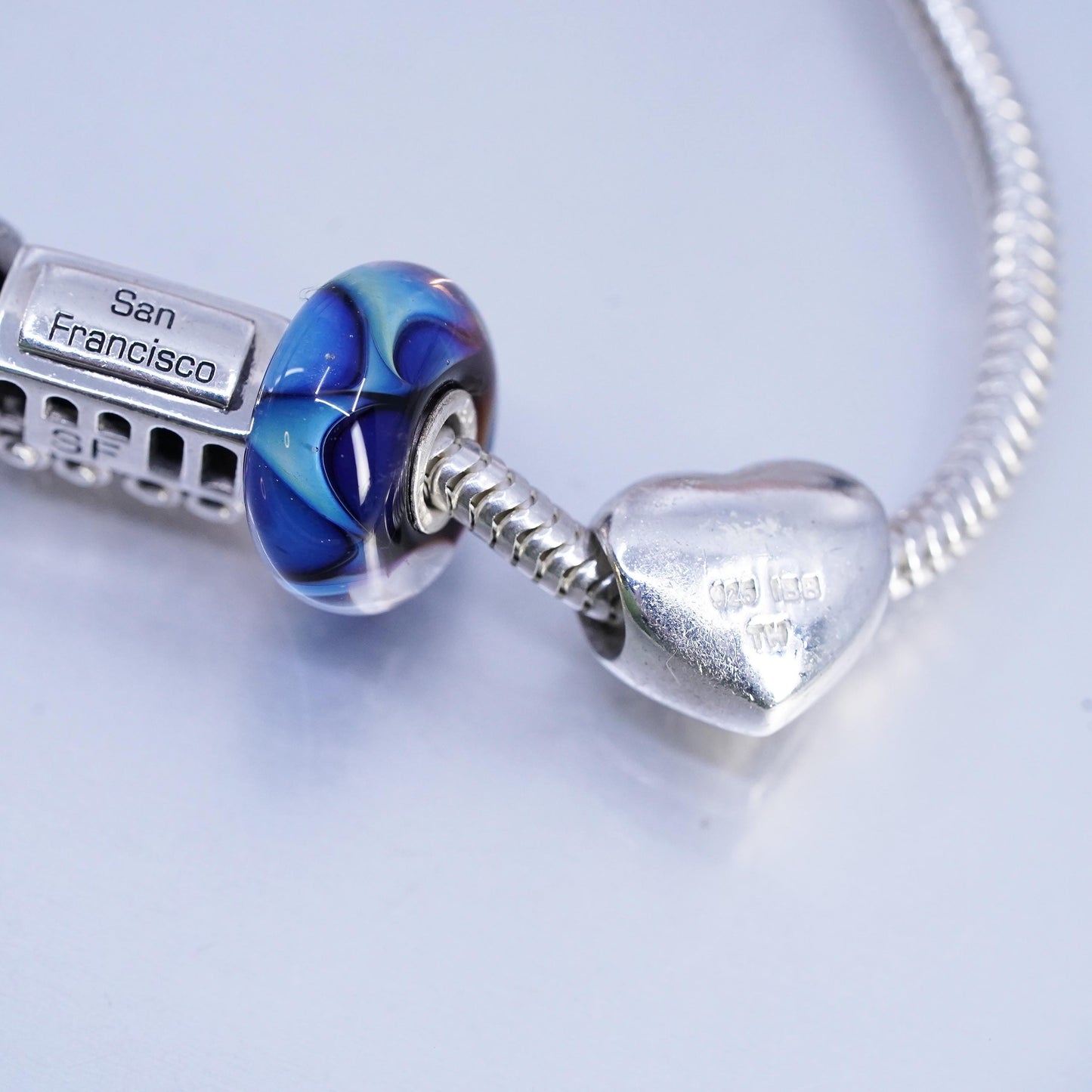 7.25", Michael Anthony Sterling 925 silver snake bracelet heart cable car charm